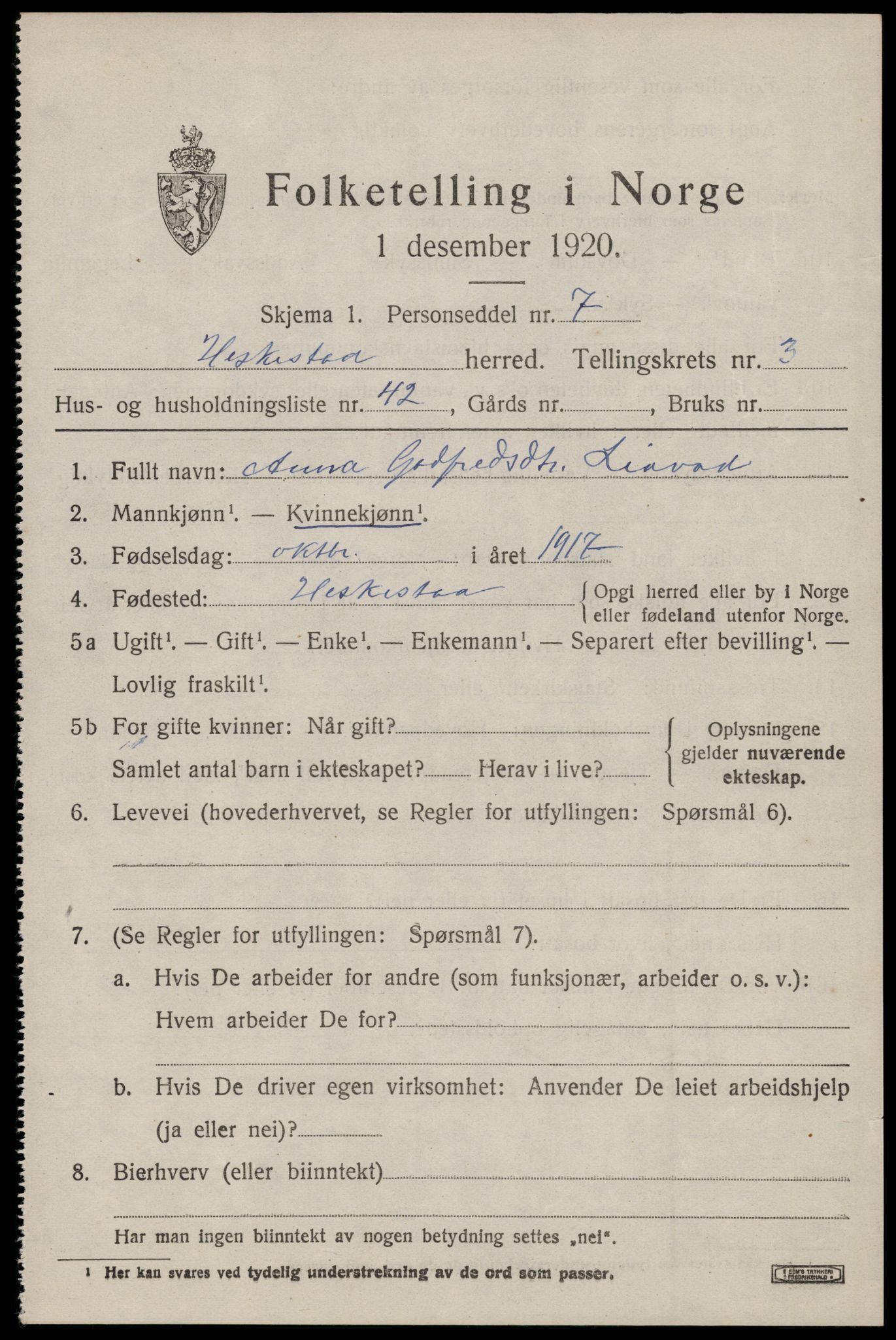 SAST, 1920 census for Heskestad, 1920, p. 1403