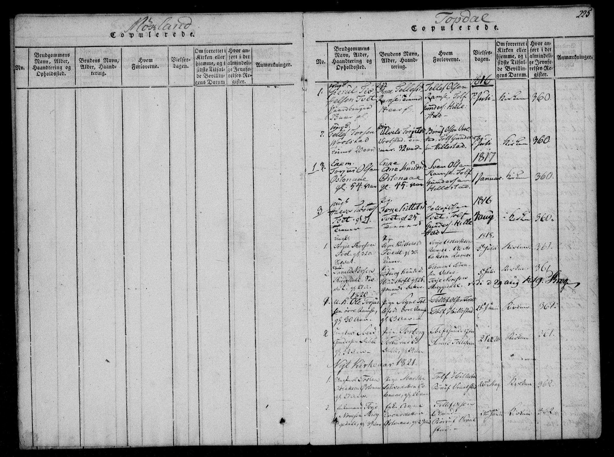 Åmli sokneprestkontor, AV/SAK-1111-0050/F/Fa/Fac/L0006: Parish register (official) no. A 6, 1816-1829, p. 225