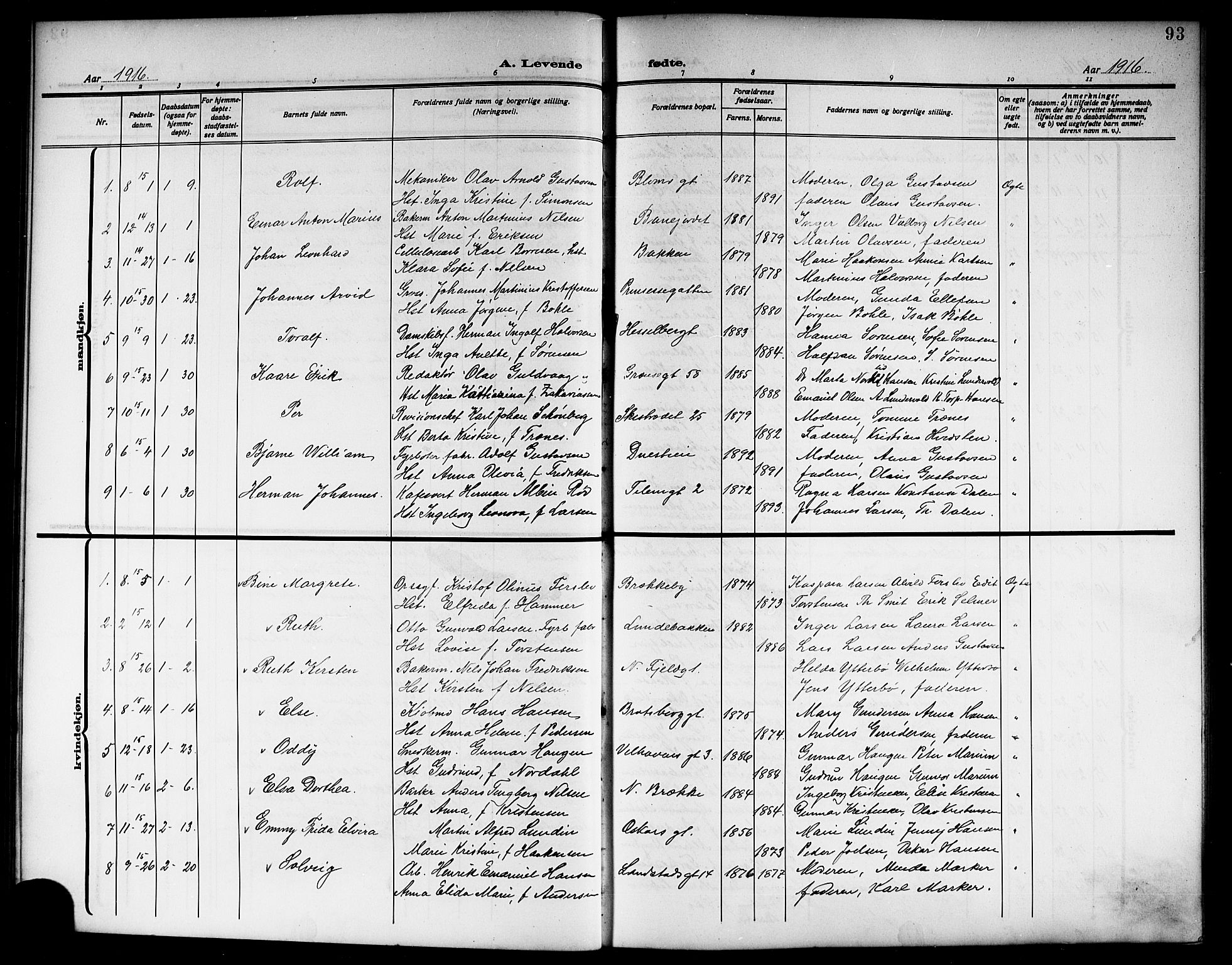 Skien kirkebøker, AV/SAKO-A-302/G/Ga/L0009: Parish register (copy) no. 9, 1910-1920, p. 93