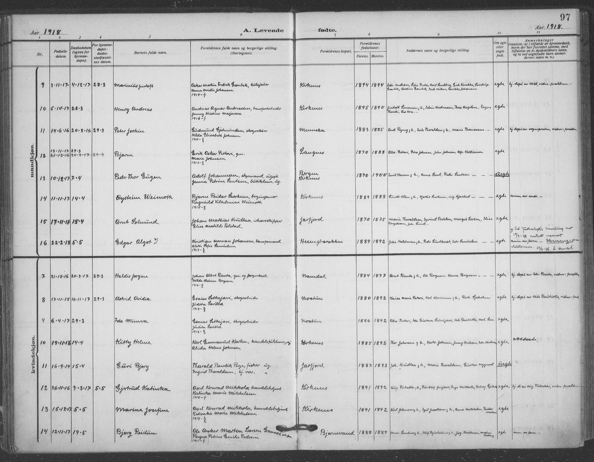 Sør-Varanger sokneprestkontor, AV/SATØ-S-1331/H/Ha/L0005kirke: Parish register (official) no. 5, 1909-1919, p. 97