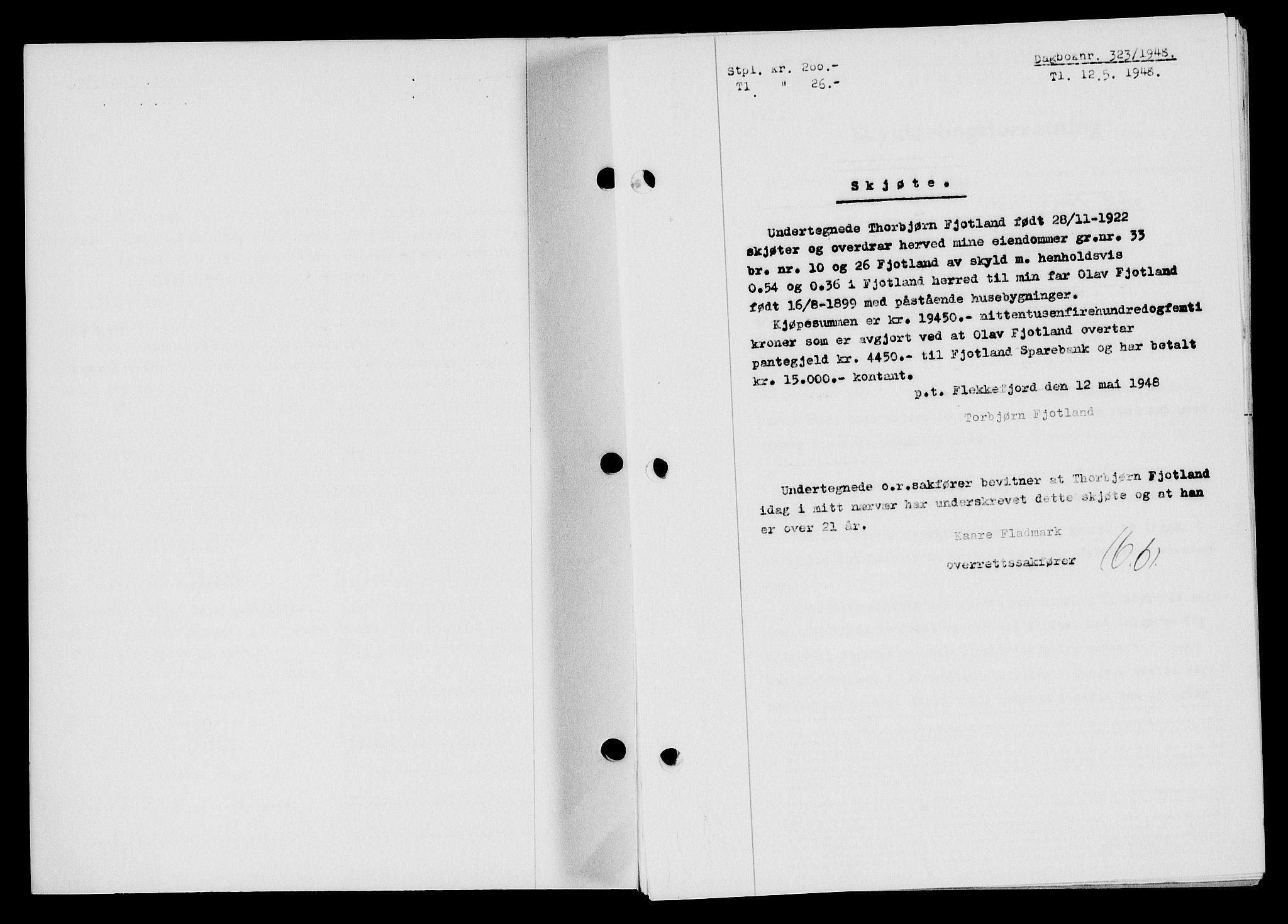 Flekkefjord sorenskriveri, AV/SAK-1221-0001/G/Gb/Gba/L0063: Mortgage book no. A-11, 1947-1948, Diary no: : 323/1948