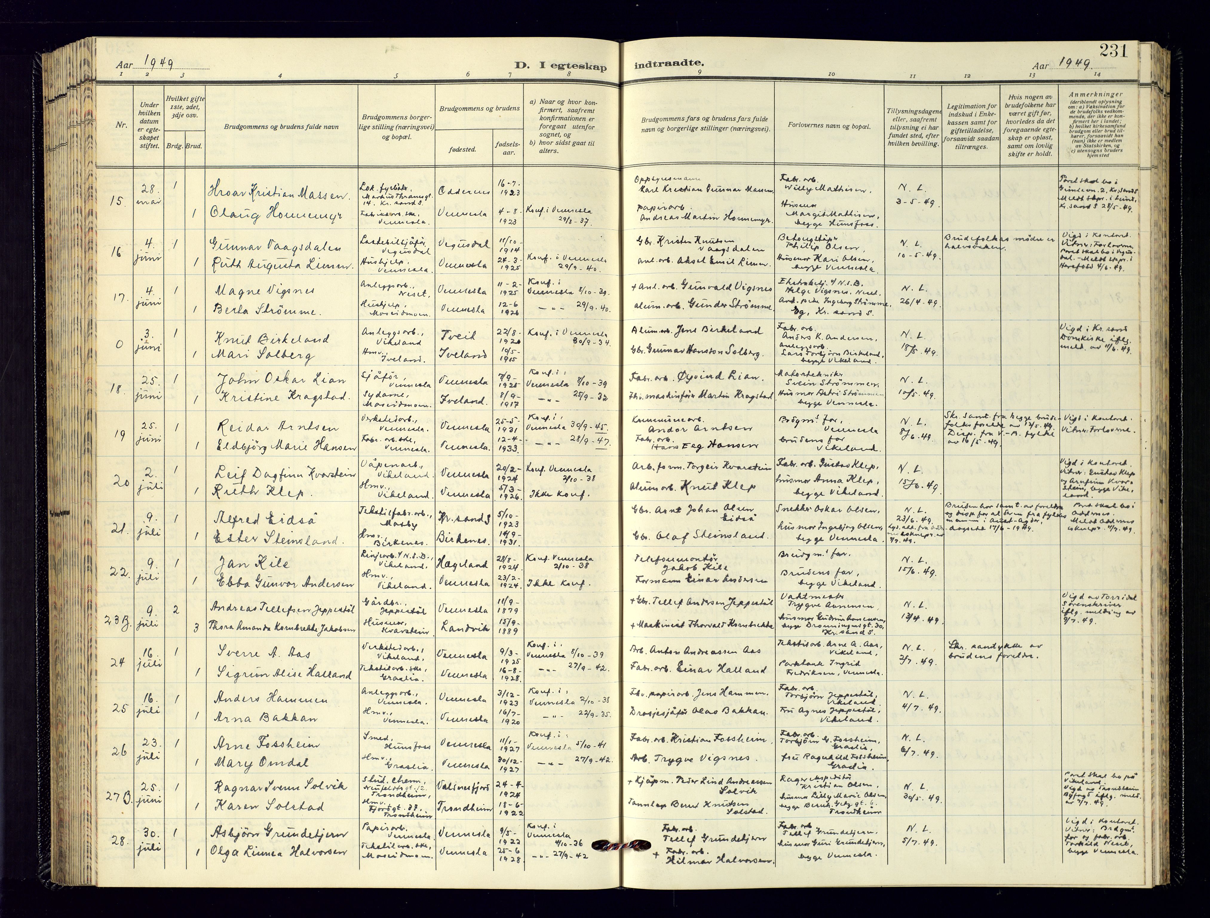 Vennesla sokneprestkontor, SAK/1111-0045/Fb/Fbb/L0009: Parish register (copy) no. B-9, 1948-1961, p. 231