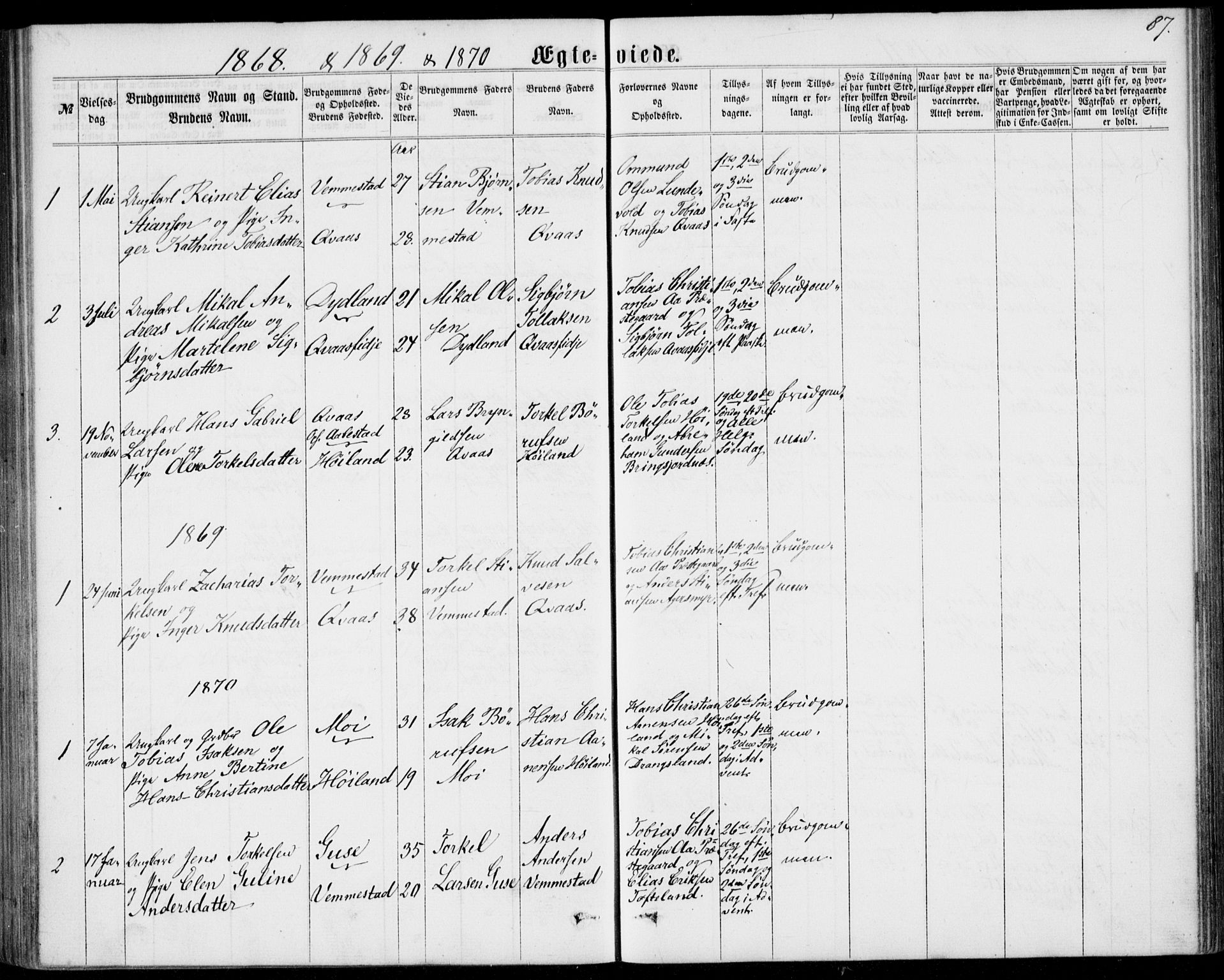 Lyngdal sokneprestkontor, SAK/1111-0029/F/Fa/Fab/L0002: Parish register (official) no. A 2, 1861-1878, p. 87