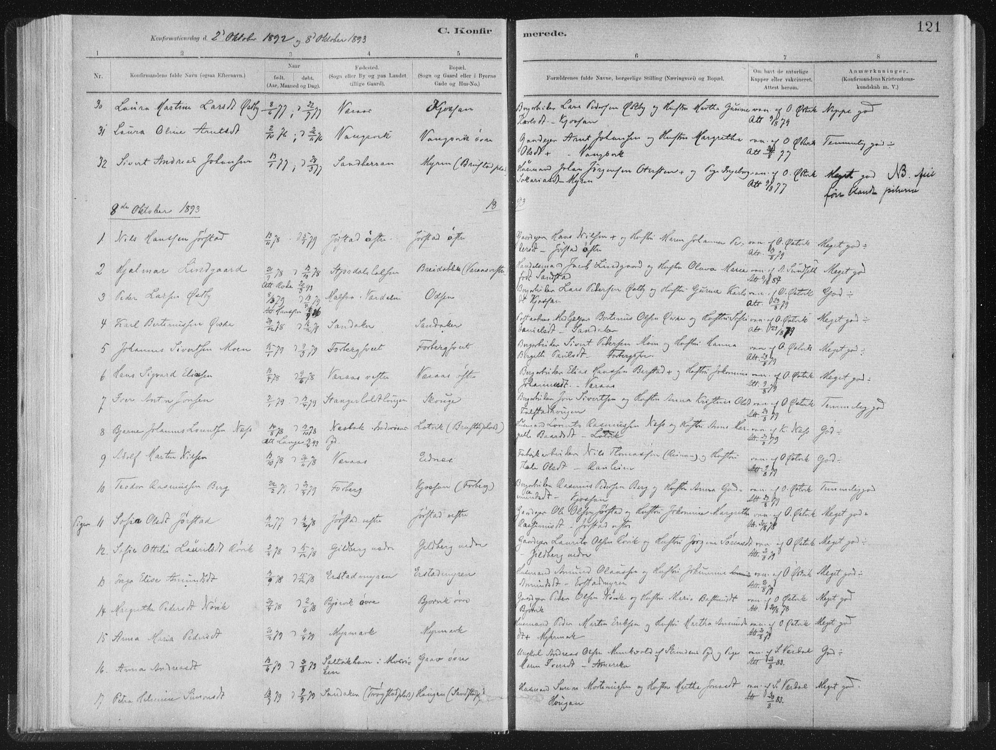 Ministerialprotokoller, klokkerbøker og fødselsregistre - Nord-Trøndelag, AV/SAT-A-1458/722/L0220: Parish register (official) no. 722A07, 1881-1908, p. 121