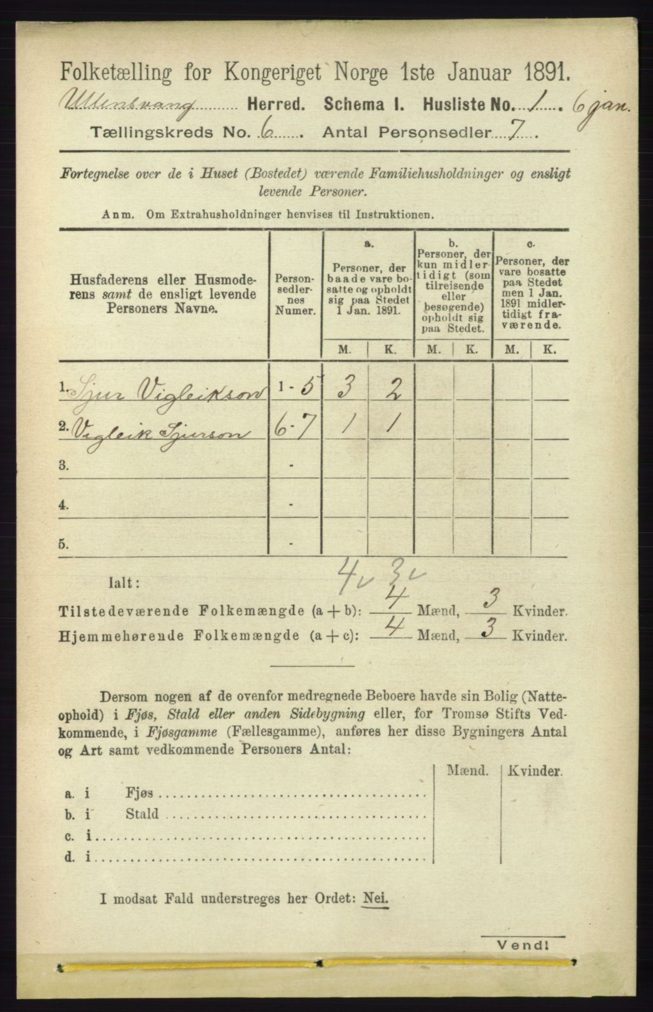 RA, 1891 census for 1230 Ullensvang, 1891, p. 1845
