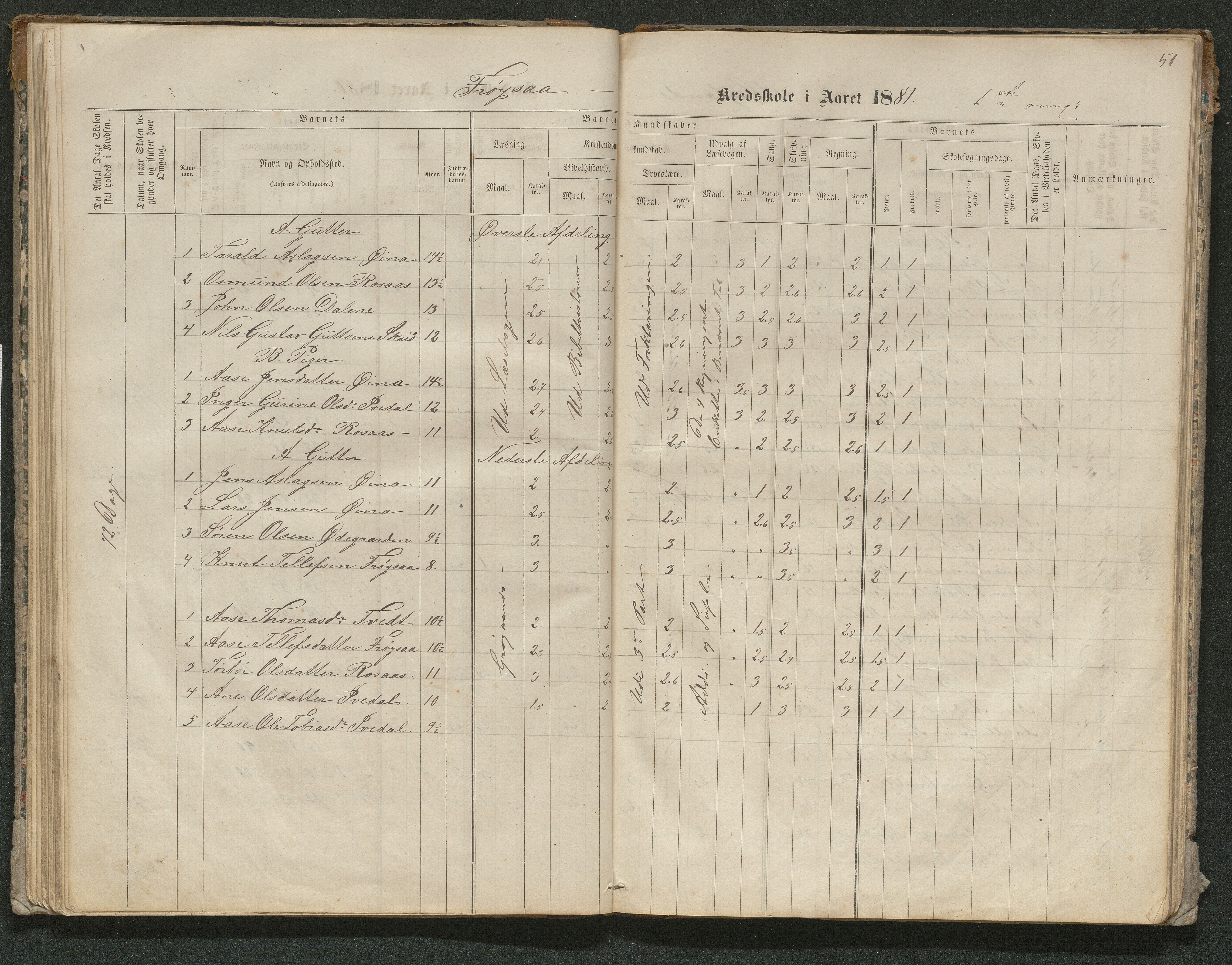 Iveland kommune, De enkelte kretsene/Skolene, AAKS/KA0935-550/A_10/L0005: Skoleprotokoll for Frøyså og Mykland krets, 1864-1881, p. 51