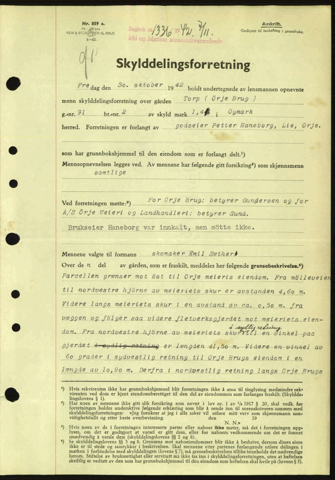 Idd og Marker sorenskriveri, AV/SAO-A-10283/G/Gb/Gbb/L0005: Mortgage book no. A5, 1941-1943, Diary no: : 1336/1942