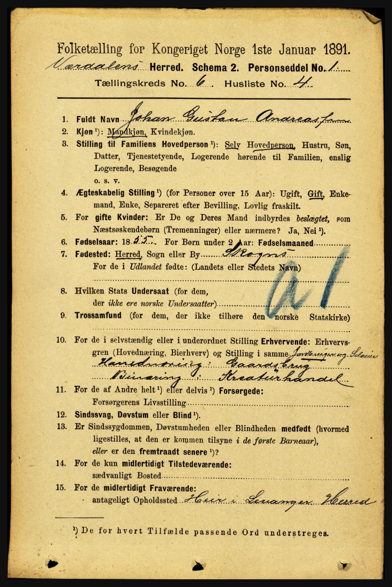 RA, 1891 census for 1721 Verdal, 1891, p. 3577