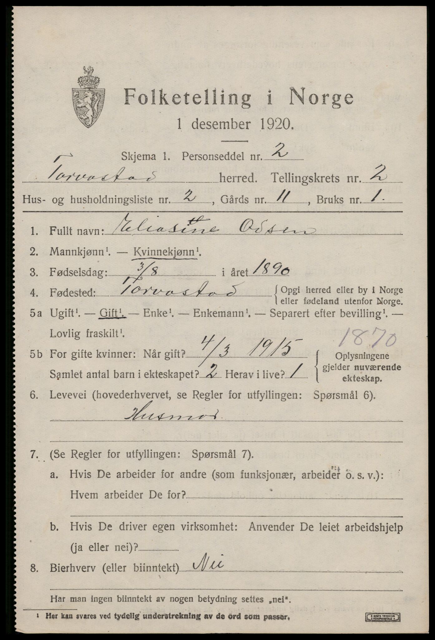 SAST, 1920 census for Torvastad, 1920, p. 1998