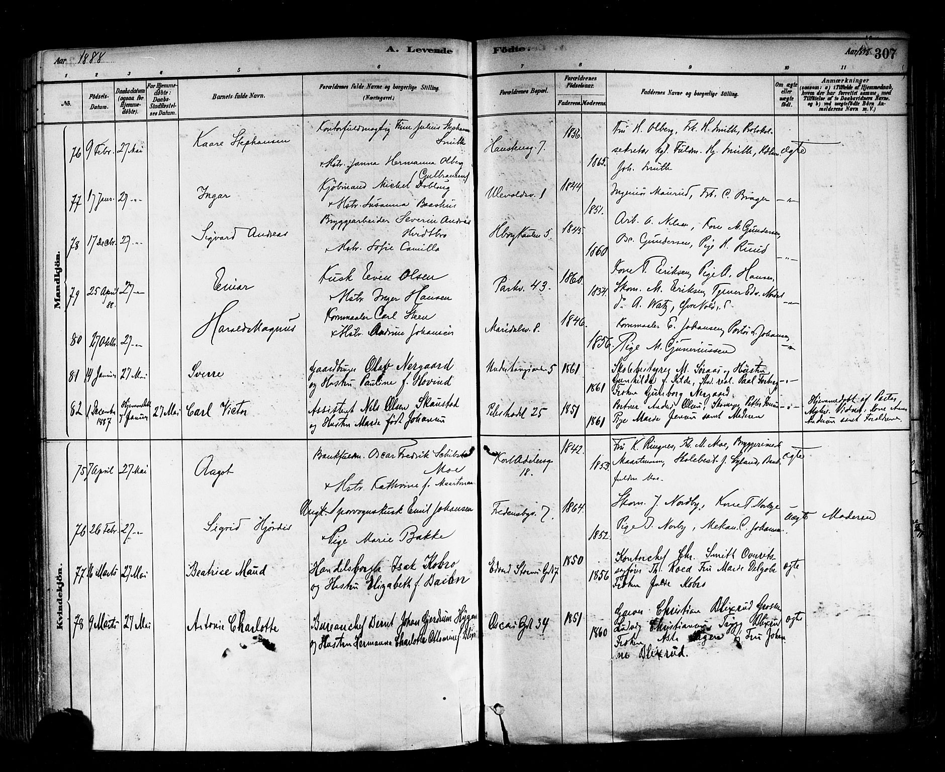 Trefoldighet prestekontor Kirkebøker, AV/SAO-A-10882/F/Fa/L0005: Parish register (official) no. I 5, 1881-1891, p. 307