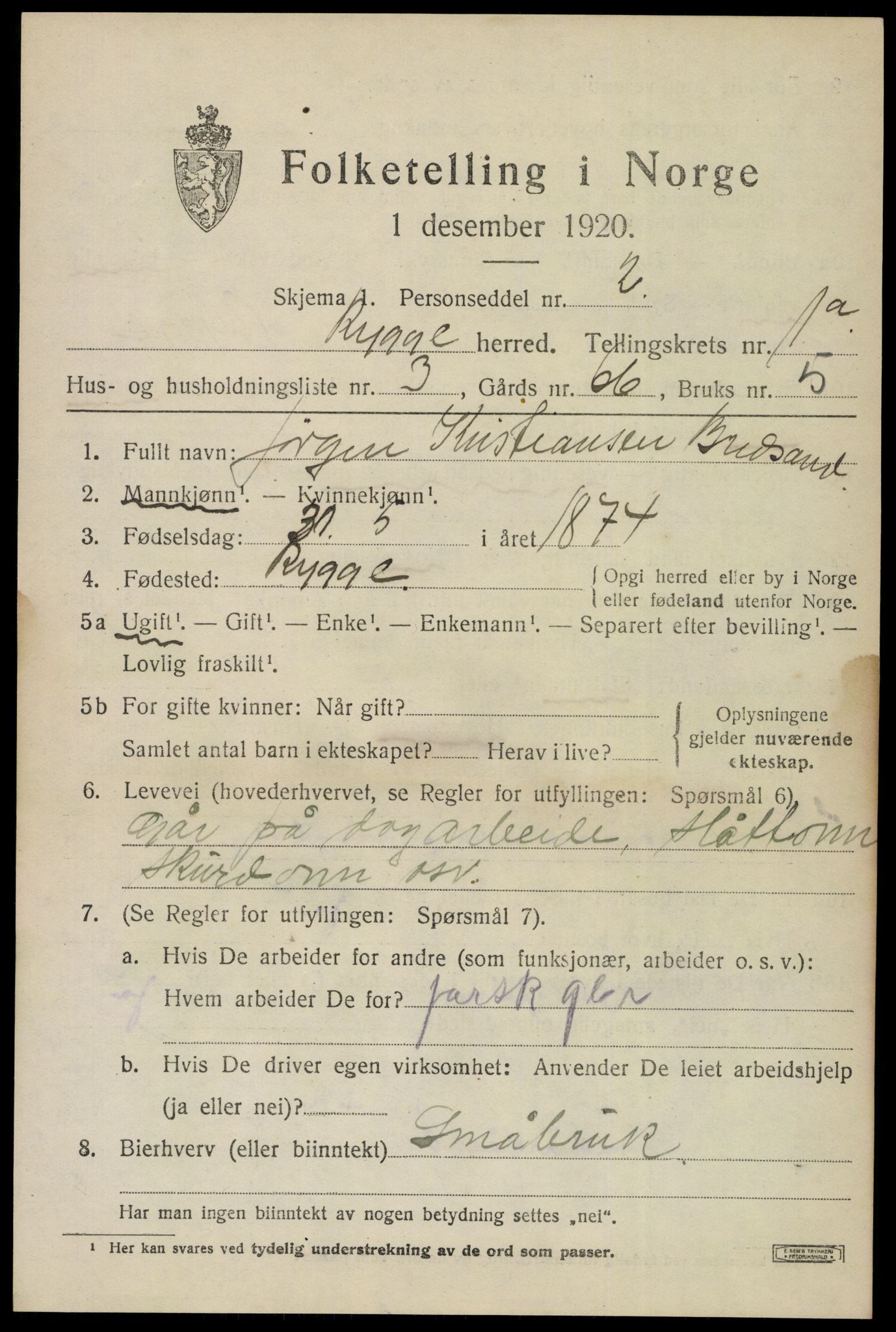 SAO, 1920 census for Rygge, 1920, p. 4145