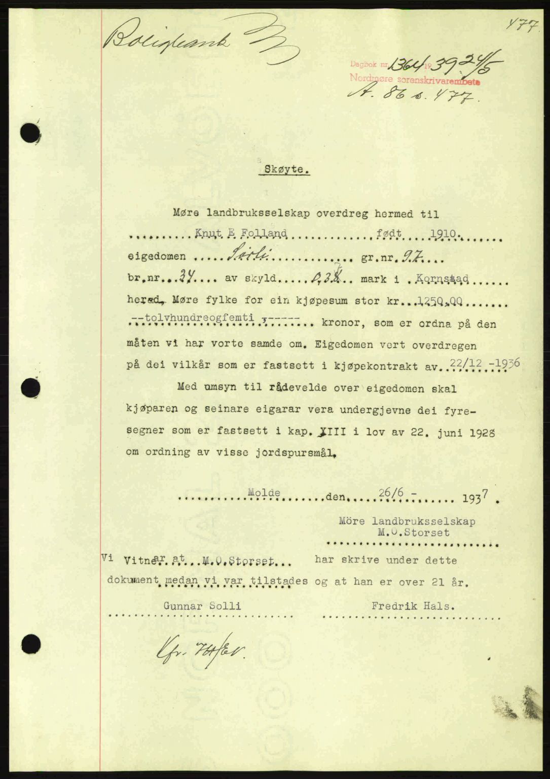 Nordmøre sorenskriveri, AV/SAT-A-4132/1/2/2Ca: Mortgage book no. A86, 1939-1939, Diary no: : 1364/1939