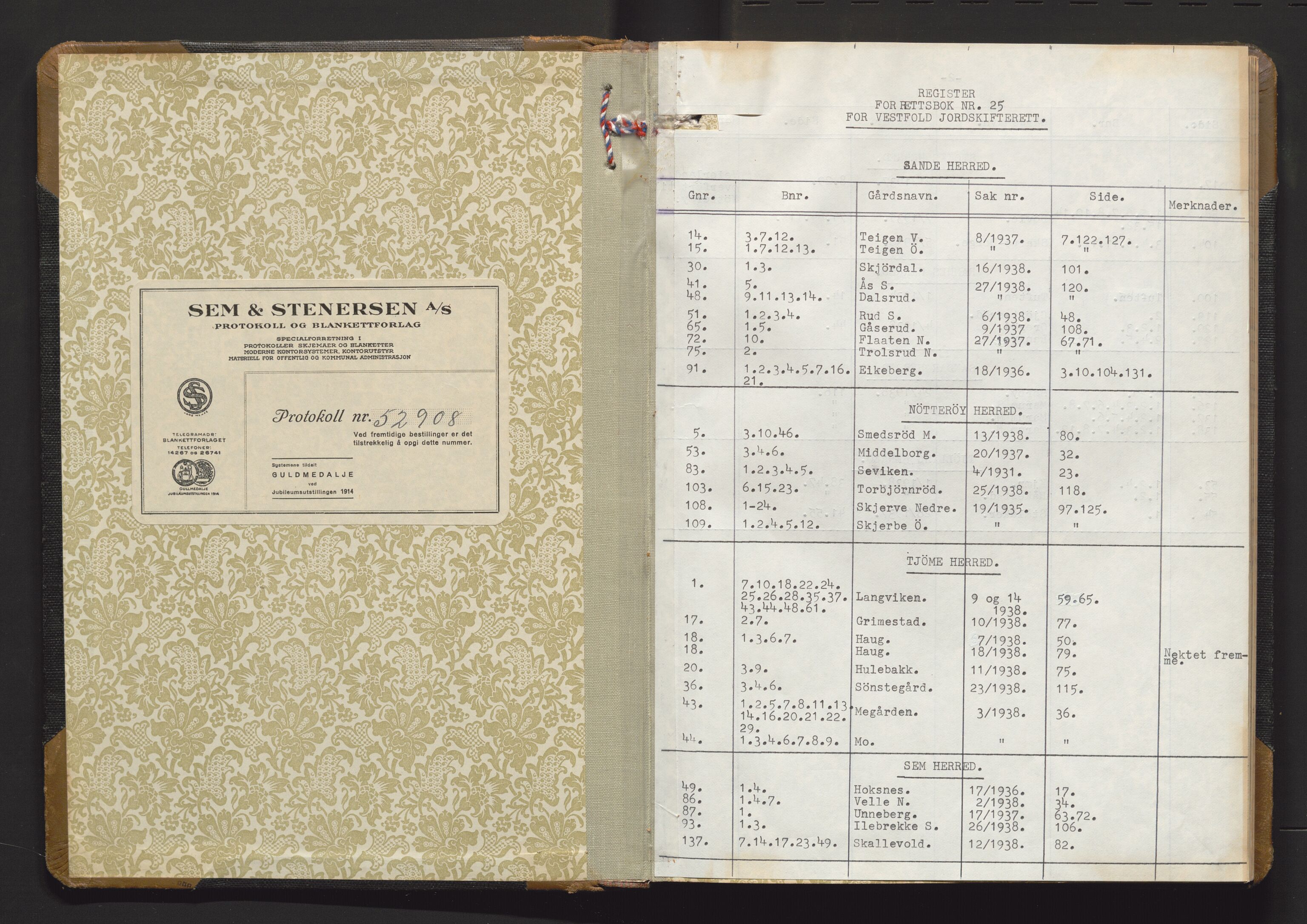 Utskiftningsvesenet i Vestfold, AV/SAKO-A-797/F/Fa/L0025: Rettsbok (forhandlingsprotokoll), 1937-1938
