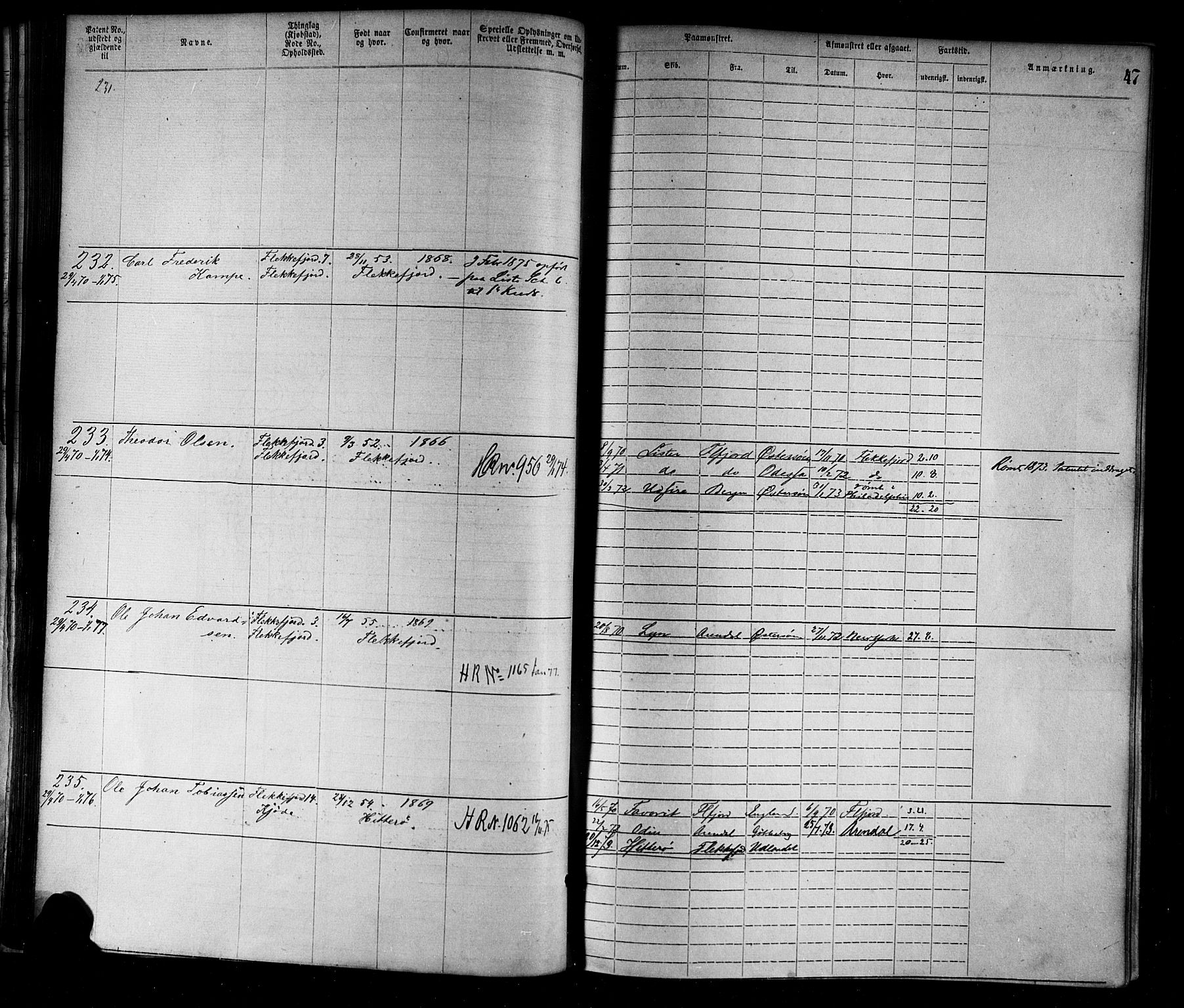 Flekkefjord mønstringskrets, AV/SAK-2031-0018/F/Fa/L0002: Annotasjonsrulle nr 1-1920 med register, N-2, 1870-1891, p. 67