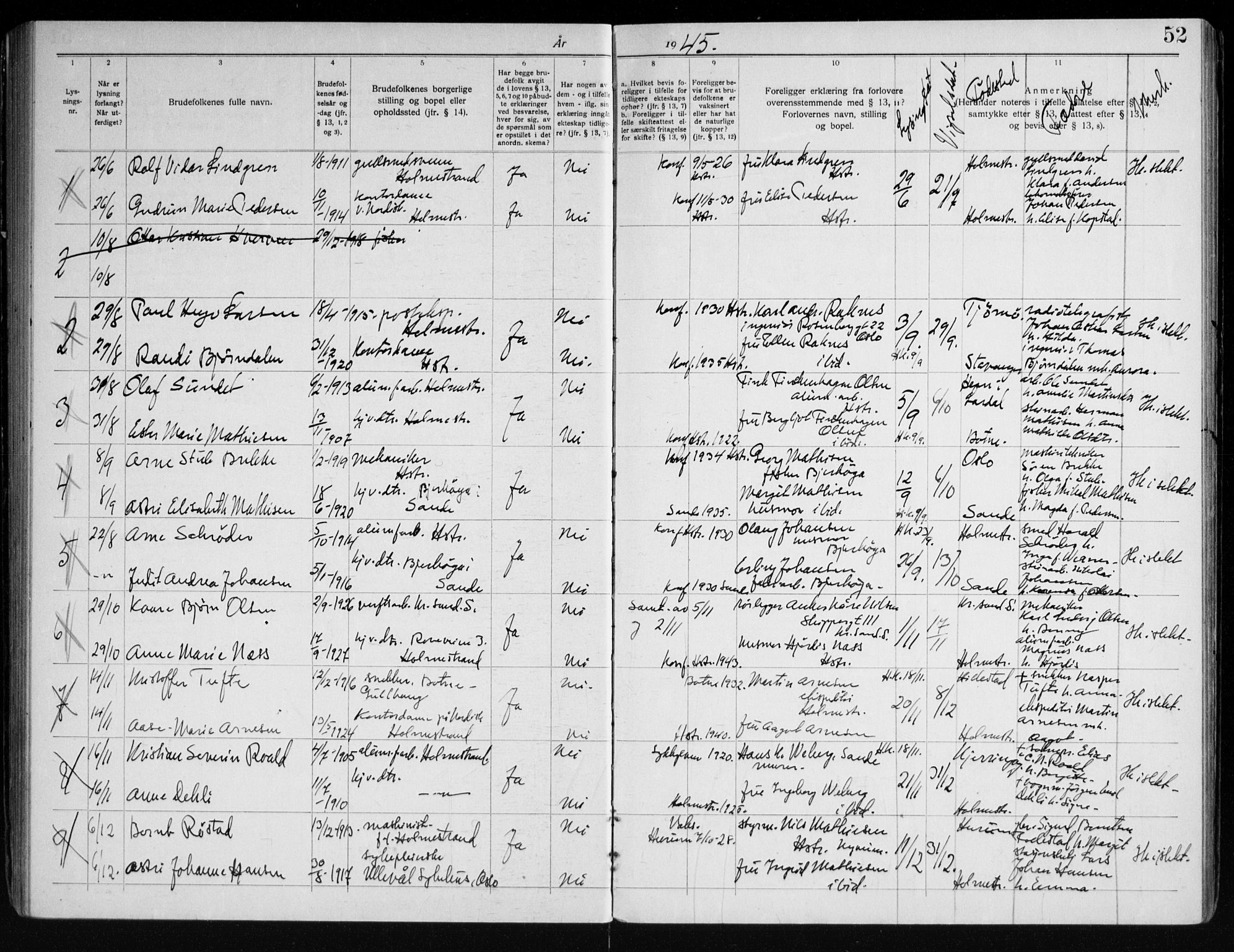 Holmestrand kirkebøker, AV/SAKO-A-346/H/Ha/L0002: Banns register no. 1, 1919-1963, p. 52