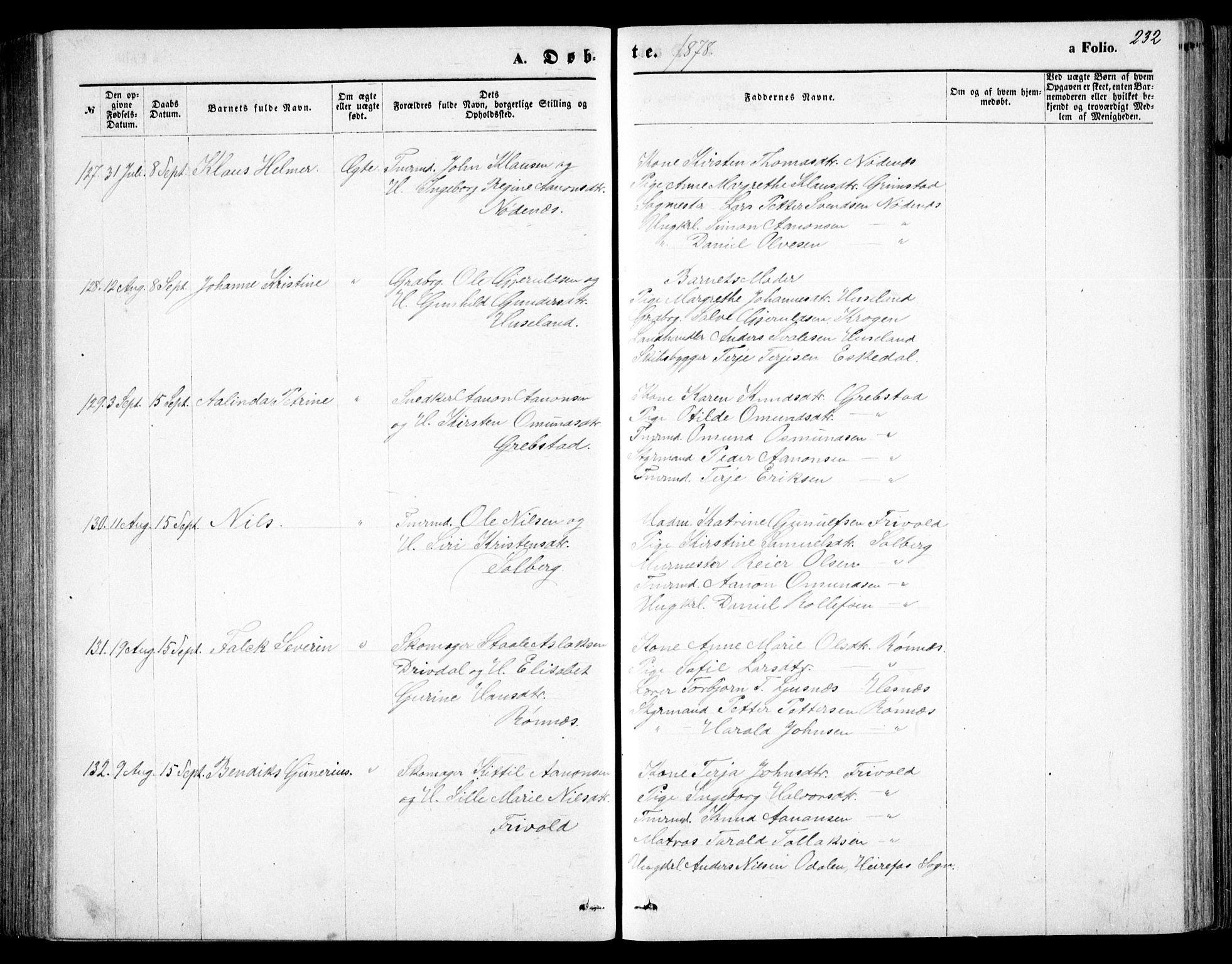 Fjære sokneprestkontor, SAK/1111-0011/F/Fb/L0010: Parish register (copy) no. B 10, 1871-1880, p. 232