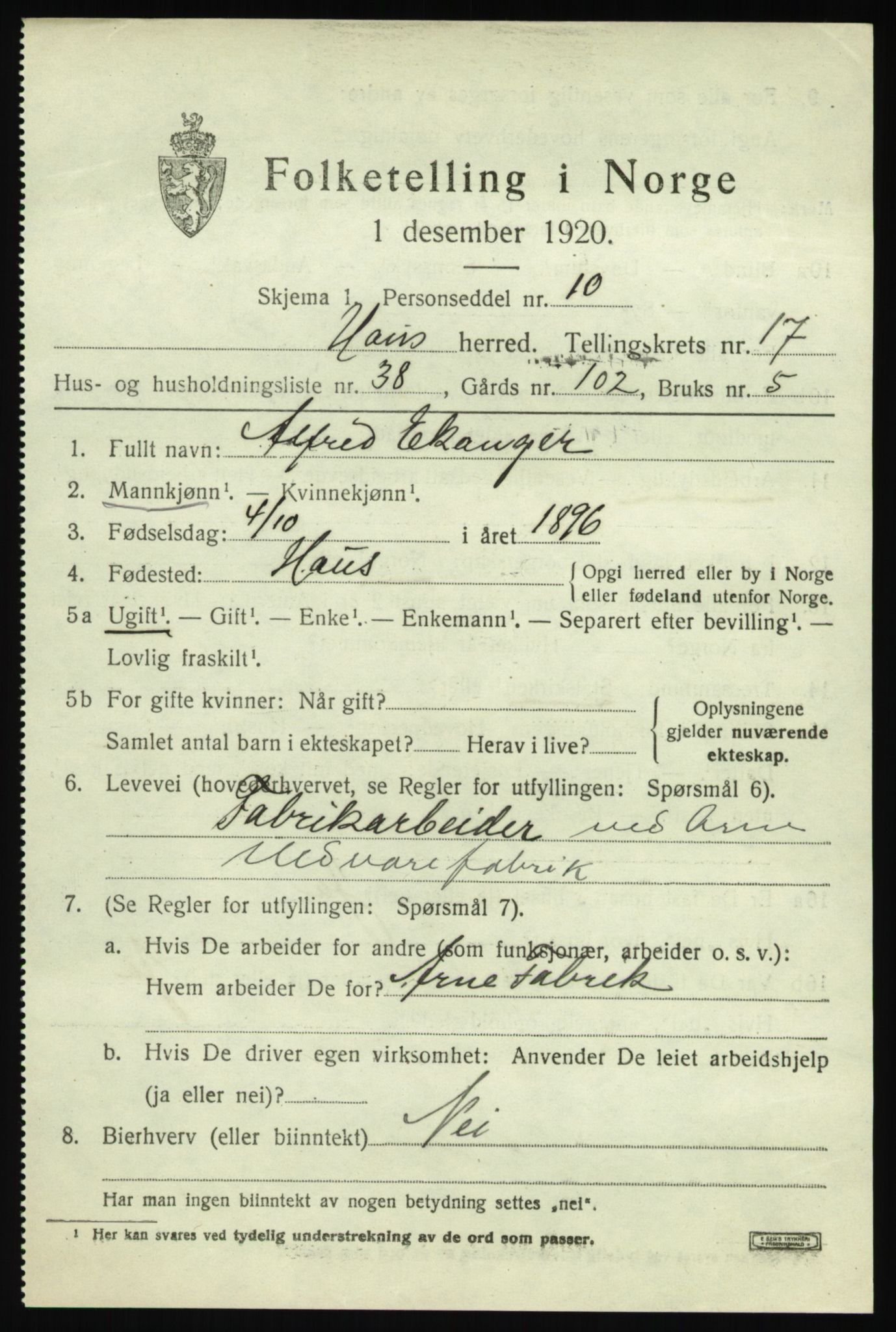 SAB, 1920 census for Haus, 1920, p. 11558