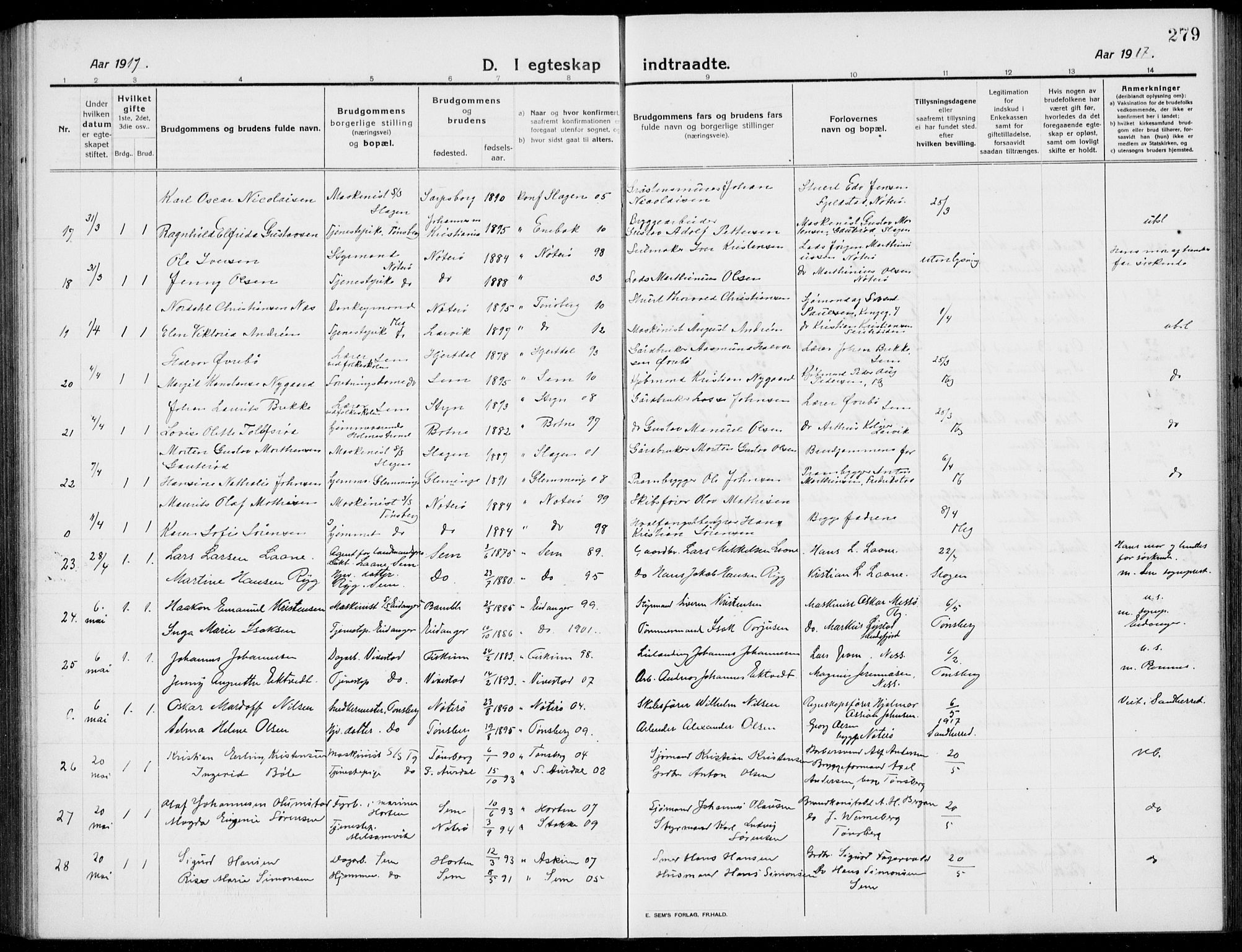 Tønsberg kirkebøker, AV/SAKO-A-330/G/Ga/L0009: Parish register (copy) no. 9, 1913-1920, p. 279