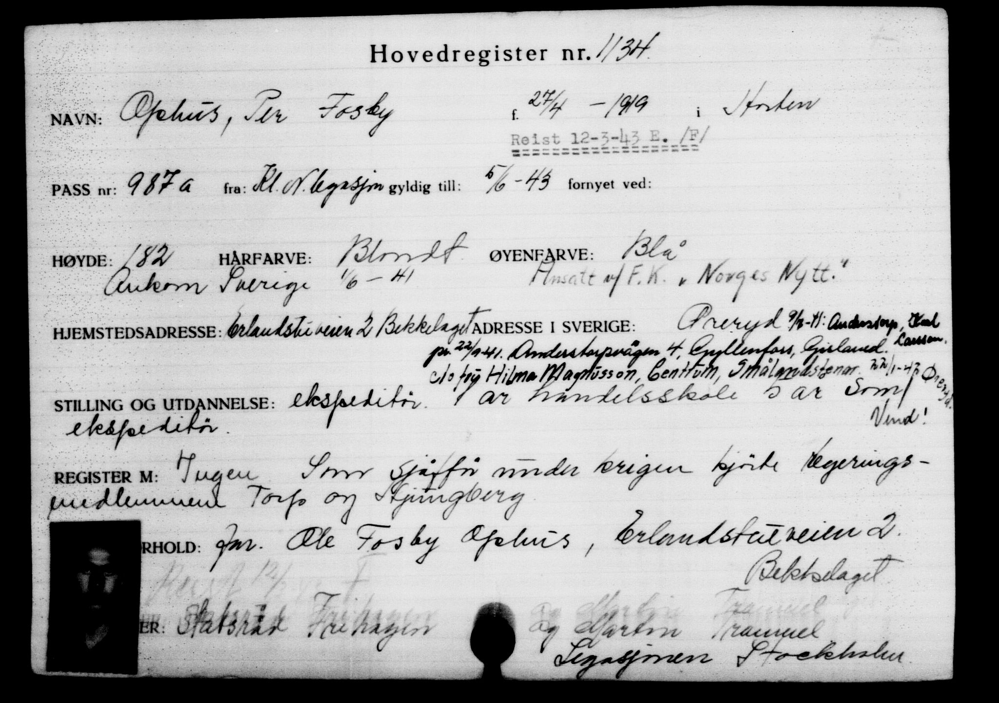 Utenriksstasjonene, Legasjonen i Stockholm, Flyktningkontoret, AV/RA-S-6753/V/Va/L0002: Kjesäterkartoteket, flyktninger med registreringsnr. 1001-2000, 1940-1945, p. 217