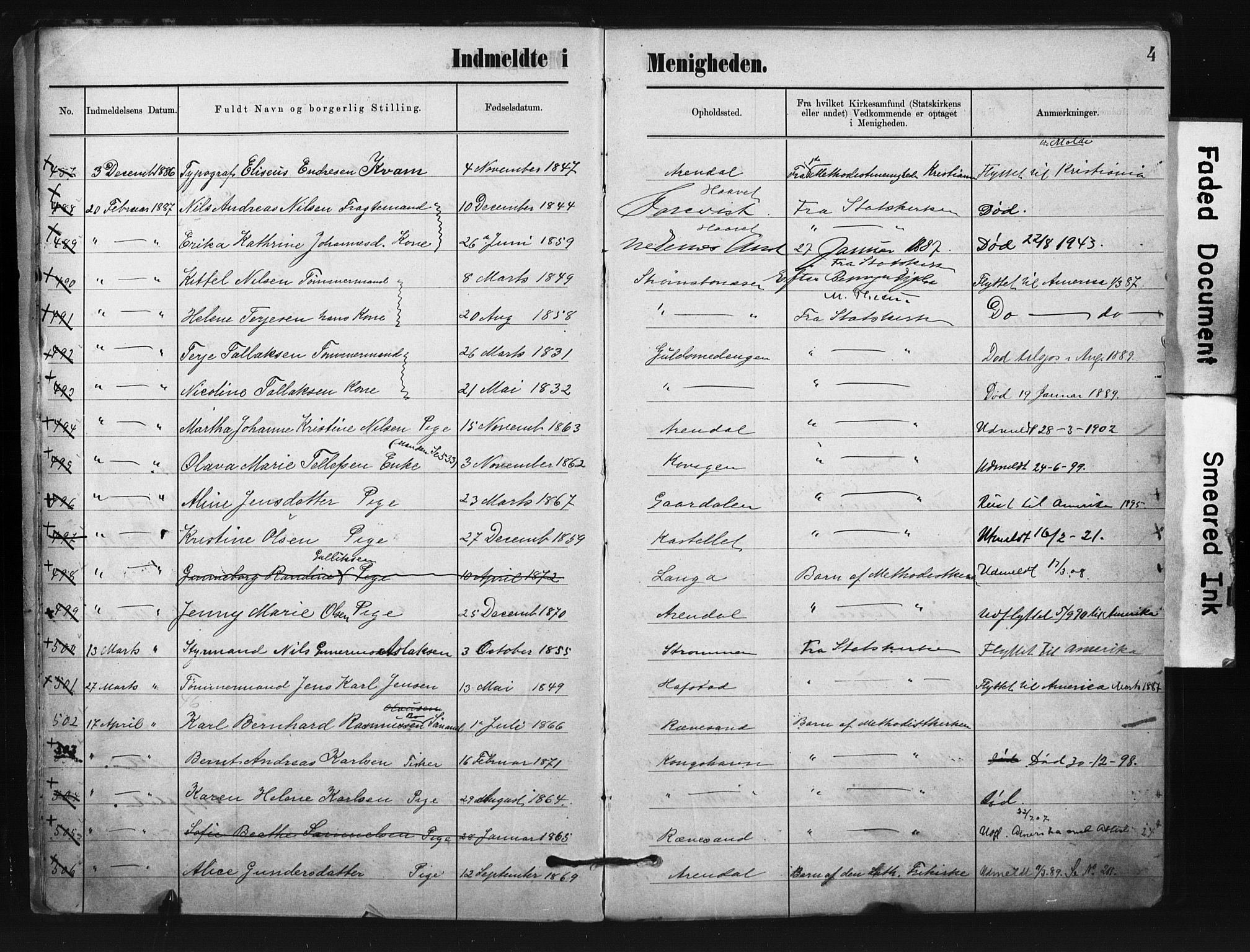 Metodistmenigheten, Arendal, AV/SAK-1292-0011/F/Fa/L0004: Dissenter register no. F-4, 1883-1892, p. 4