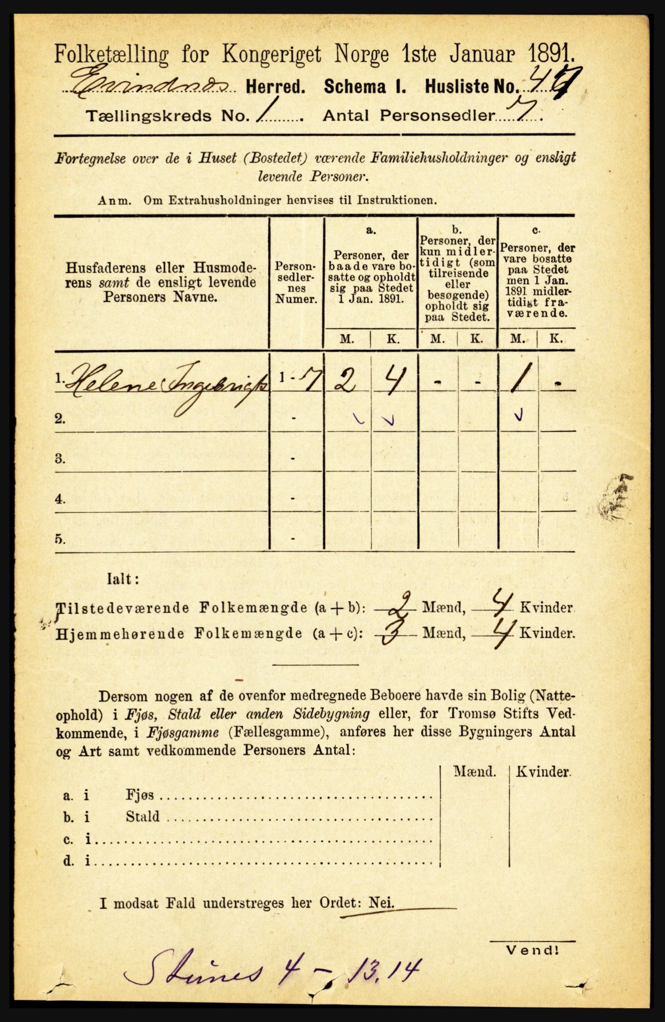 RA, 1891 census for 1853 Evenes, 1891, p. 75