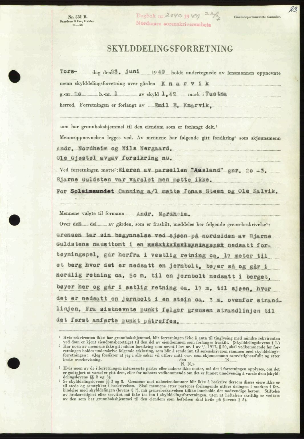 Nordmøre sorenskriveri, AV/SAT-A-4132/1/2/2Ca: Mortgage book no. A112, 1949-1949, Diary no: : 2049/1949