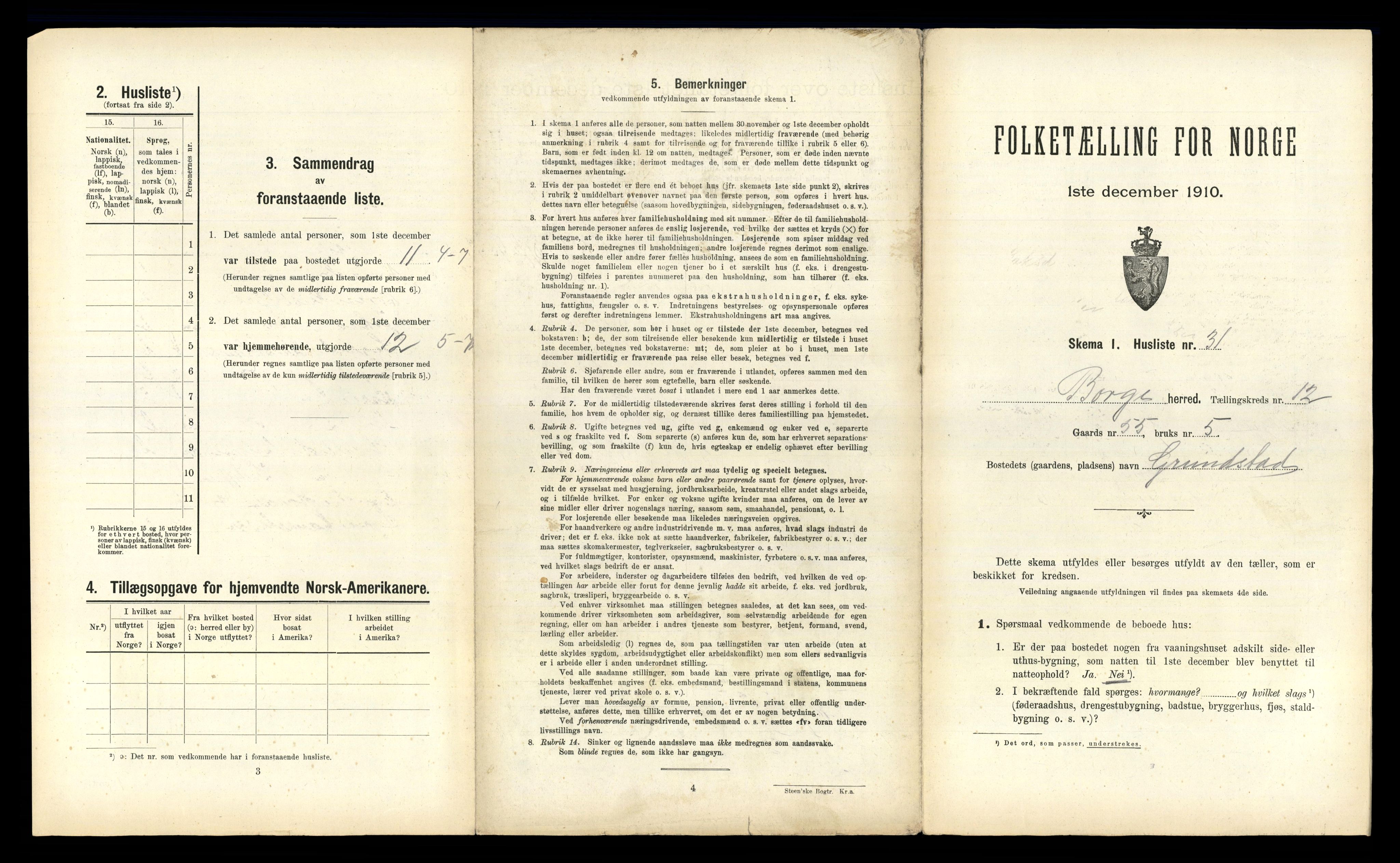 RA, 1910 census for Borge, 1910, p. 1261