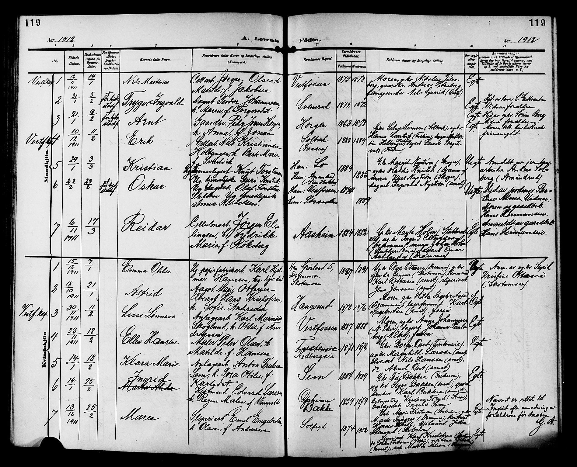 Eiker kirkebøker, SAKO/A-4/G/Ga/L0008: Parish register (copy) no. I 8, 1903-1914, p. 119