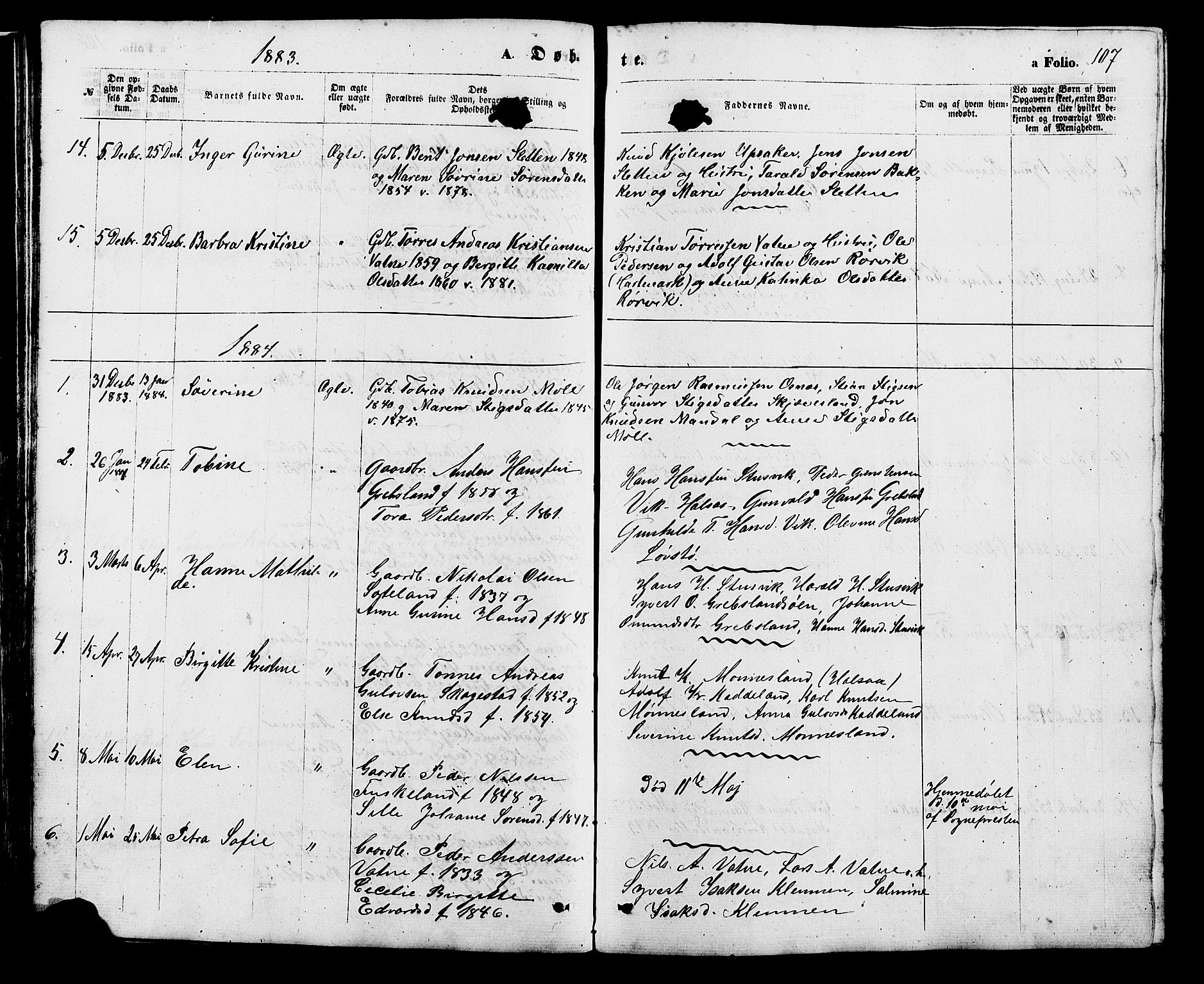 Holum sokneprestkontor, SAK/1111-0022/F/Fb/Fba/L0004: Parish register (copy) no. B 4, 1867-1890, p. 107