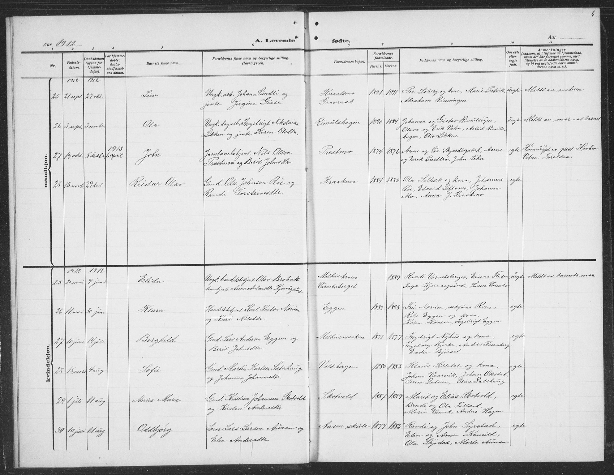 Ministerialprotokoller, klokkerbøker og fødselsregistre - Sør-Trøndelag, SAT/A-1456/691/L1095: Parish register (copy) no. 691C06, 1912-1933, p. 6