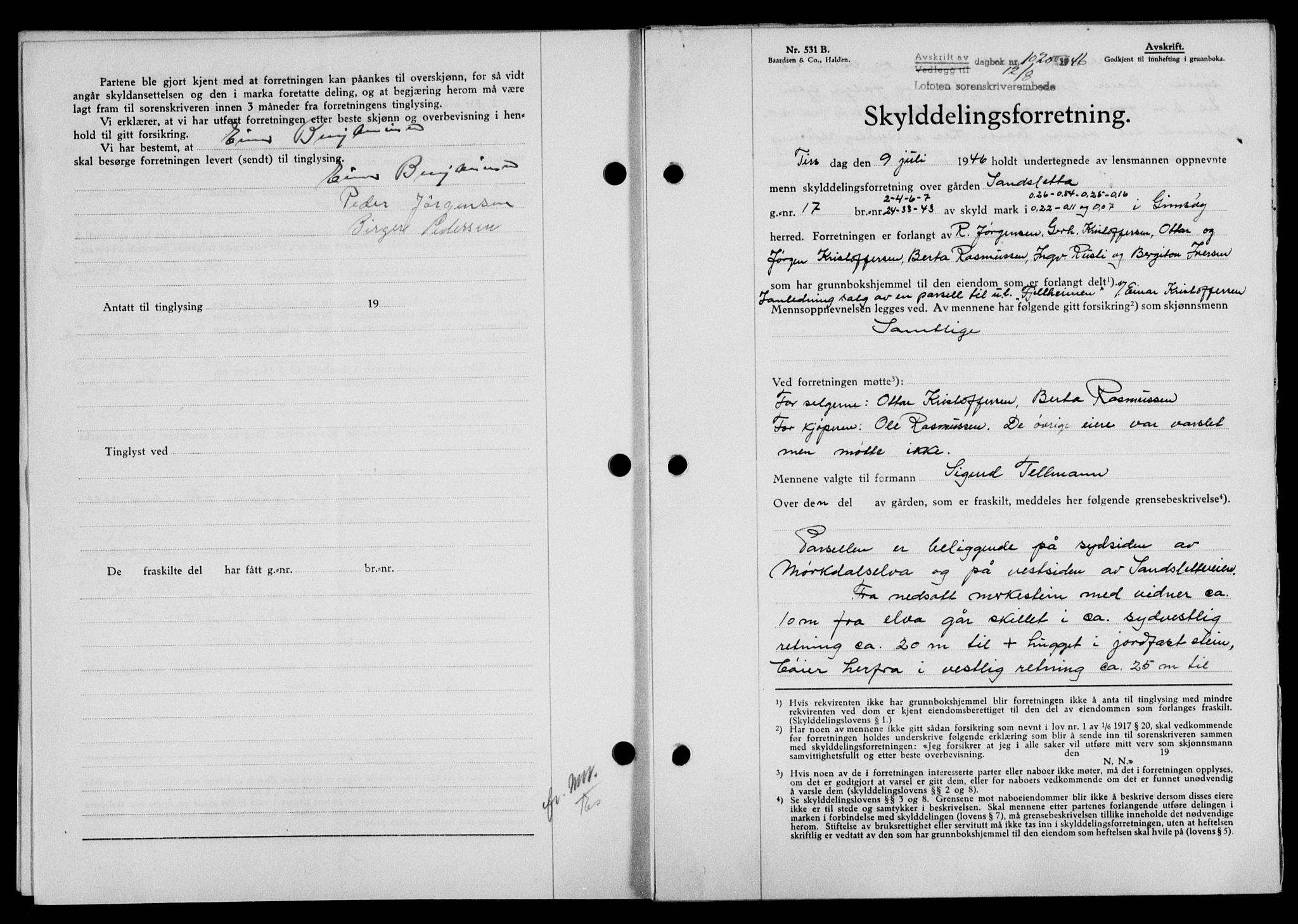 Lofoten sorenskriveri, SAT/A-0017/1/2/2C/L0014a: Mortgage book no. 14a, 1946-1946, Diary no: : 1020/1946