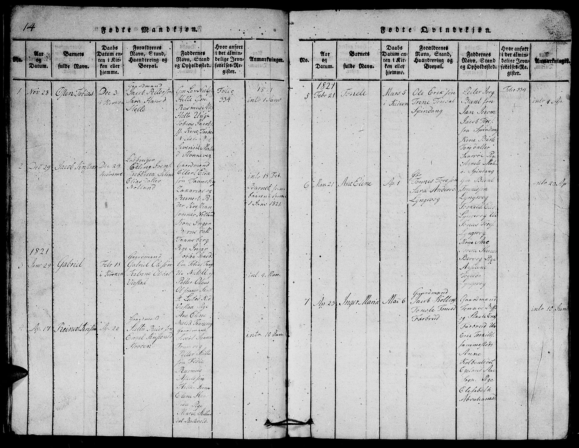 Herad sokneprestkontor, AV/SAK-1111-0018/F/Fb/Fbb/L0001: Parish register (copy) no. B 1, 1815-1852, p. 14