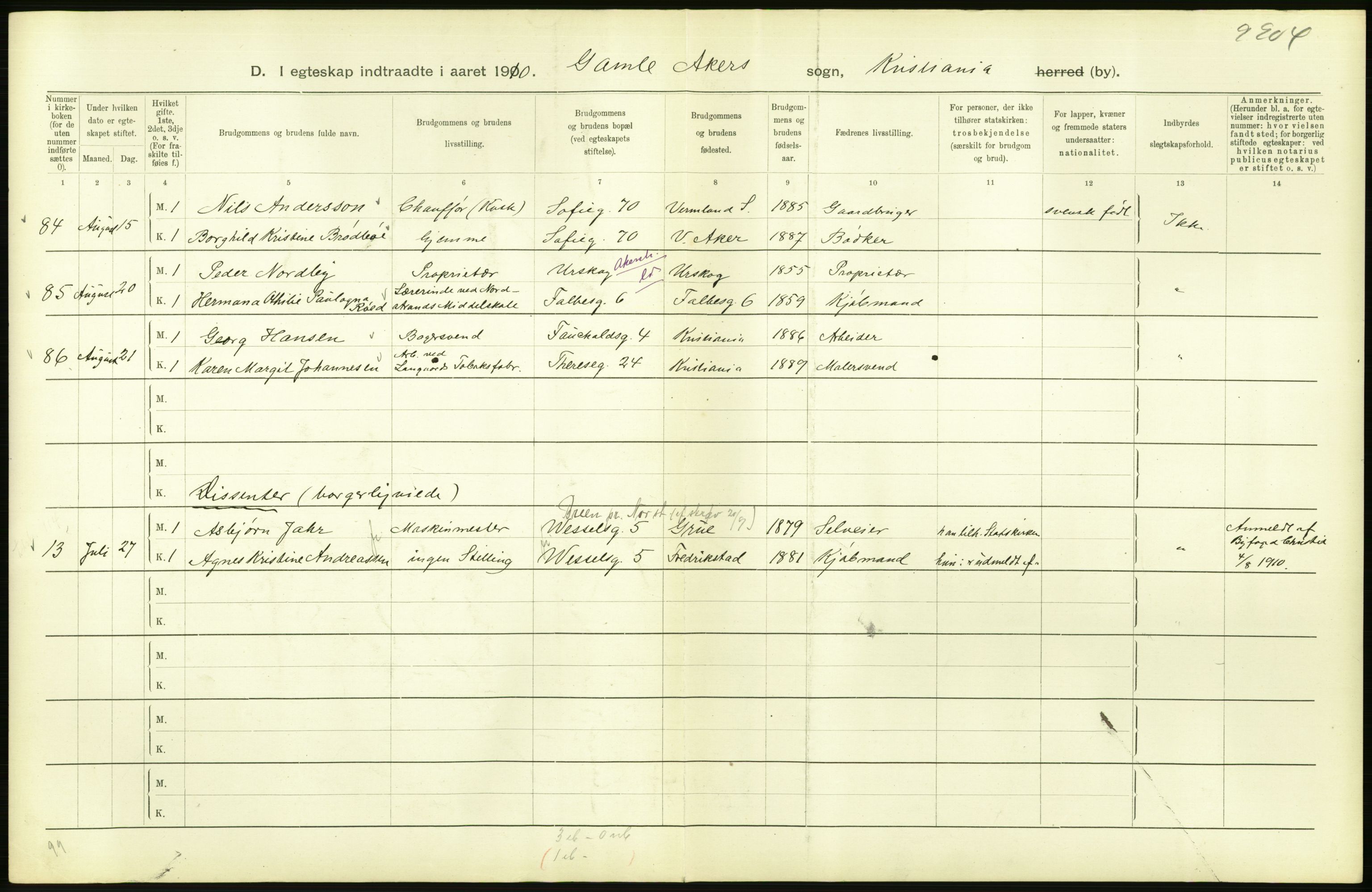 Statistisk sentralbyrå, Sosiodemografiske emner, Befolkning, AV/RA-S-2228/D/Df/Dfa/Dfah/L0009: Kristiania: Gifte og dødfødte., 1910, p. 442