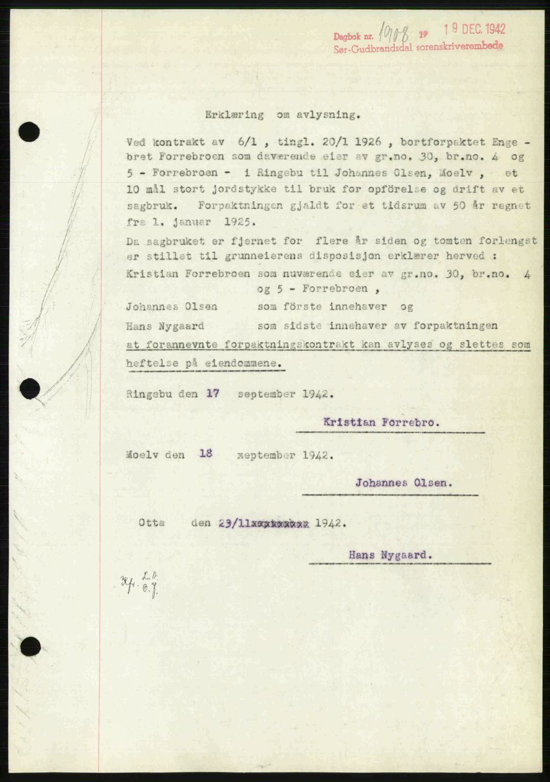 Sør-Gudbrandsdal tingrett, SAH/TING-004/H/Hb/Hbf/L0002: Mortgage book no. C1, 1938-1951, Diary no: : 1908/1942