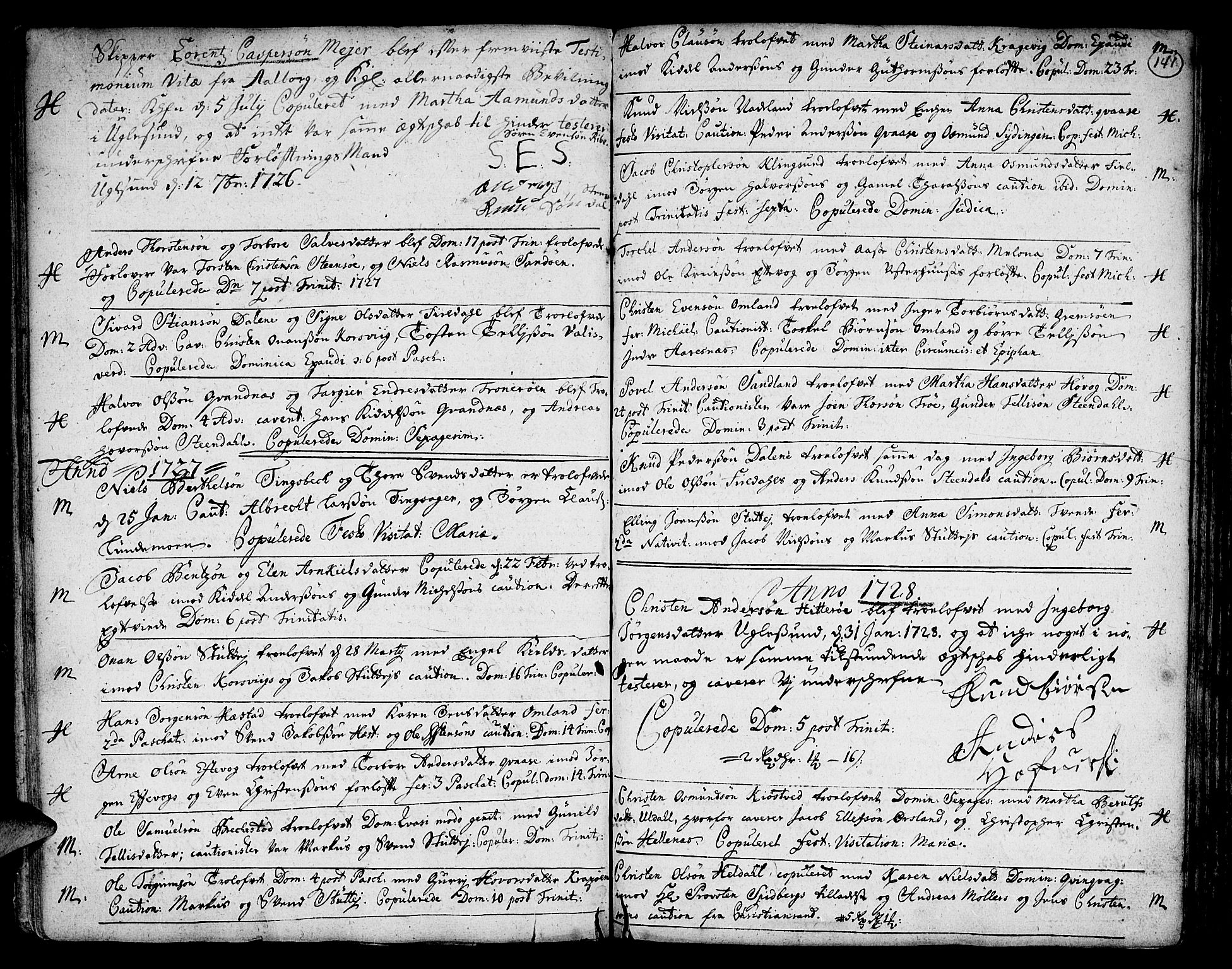 Vestre Moland sokneprestkontor, SAK/1111-0046/F/Fa/Fab/L0001: Parish register (official) no. A 1, 1687-1760, p. 141