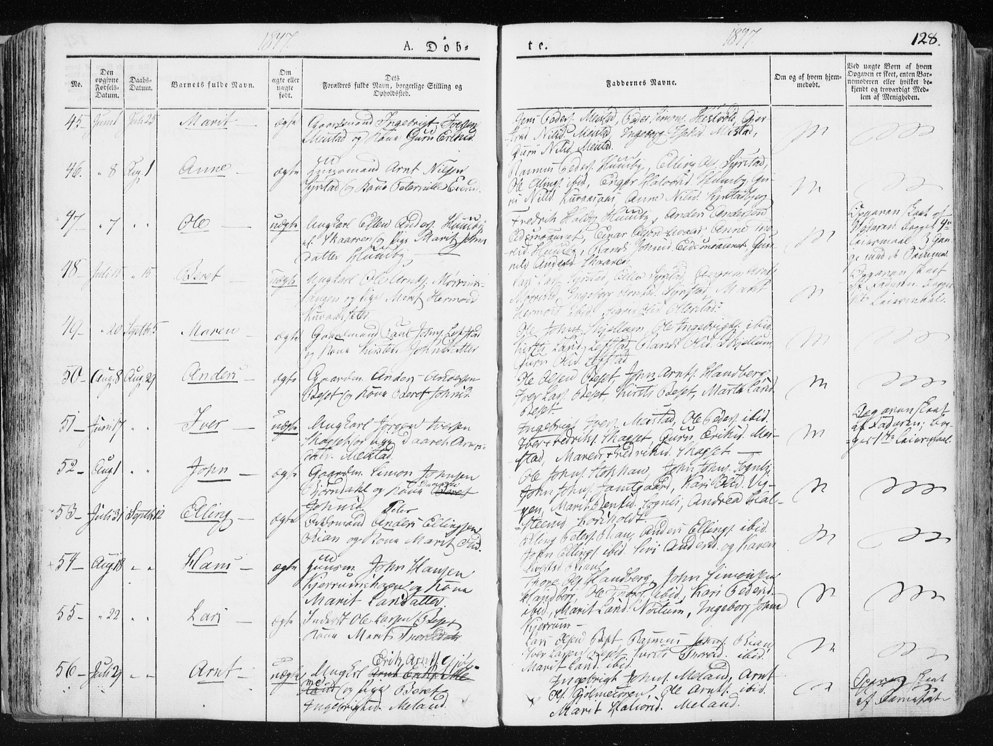 Ministerialprotokoller, klokkerbøker og fødselsregistre - Sør-Trøndelag, AV/SAT-A-1456/665/L0771: Parish register (official) no. 665A06, 1830-1856, p. 128