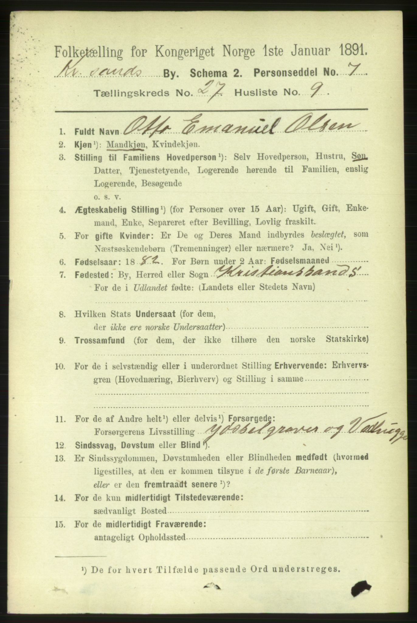 RA, 1891 census for 1001 Kristiansand, 1891, p. 9489