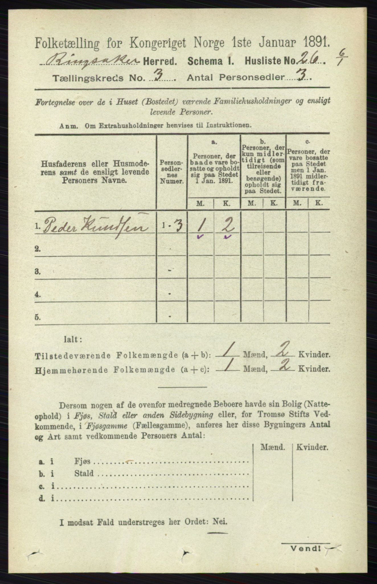 RA, 1891 census for 0412 Ringsaker, 1891, p. 1187