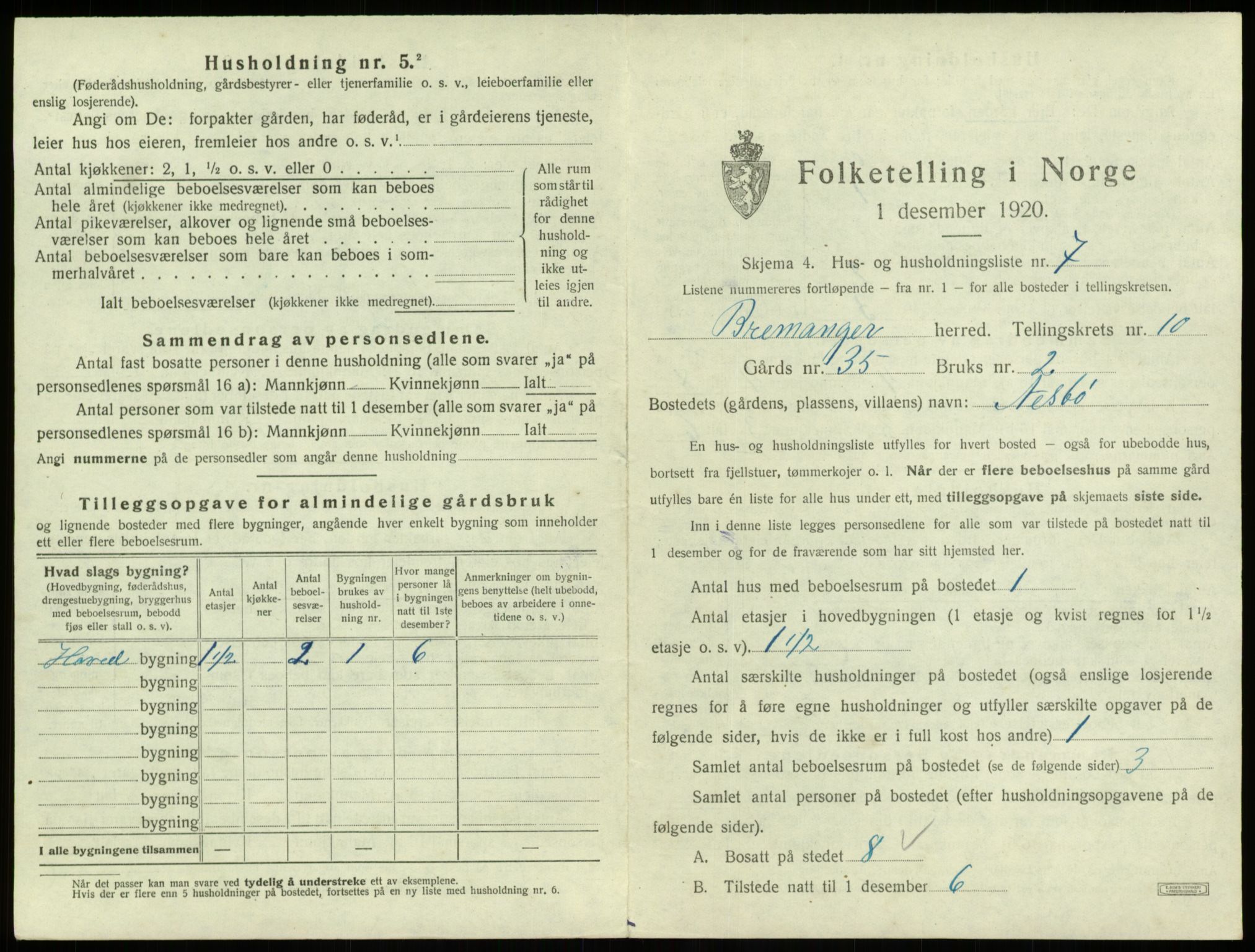 SAB, 1920 census for Bremanger, 1920, p. 726