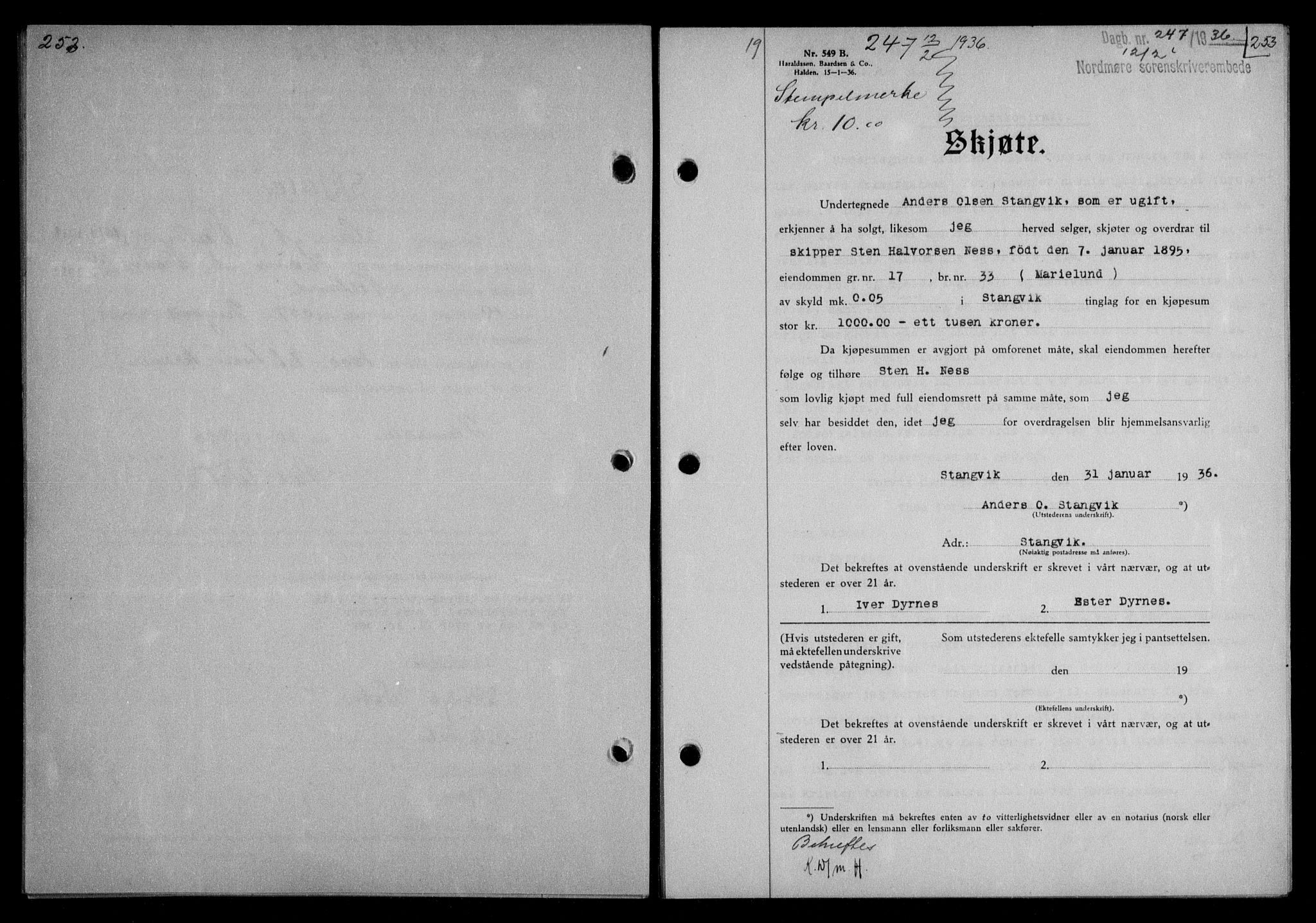 Nordmøre sorenskriveri, AV/SAT-A-4132/1/2/2Ca/L0087: Mortgage book no. 77, 1935-1936, Deed date: 12.02.1936