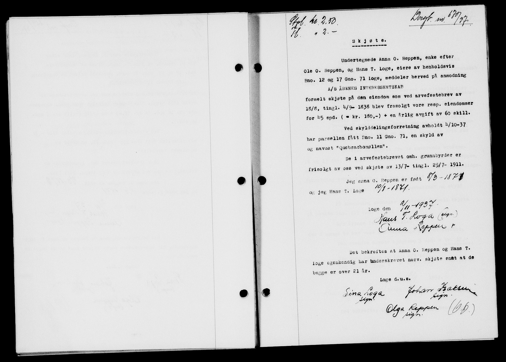 Flekkefjord sorenskriveri, SAK/1221-0001/G/Gb/Gba/L0054: Mortgage book no. A-2, 1937-1938, Diary no: : 670/1937