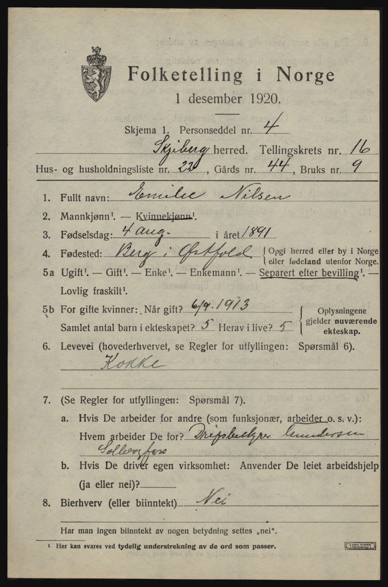 SAO, 1920 census for Skjeberg, 1920, p. 15091