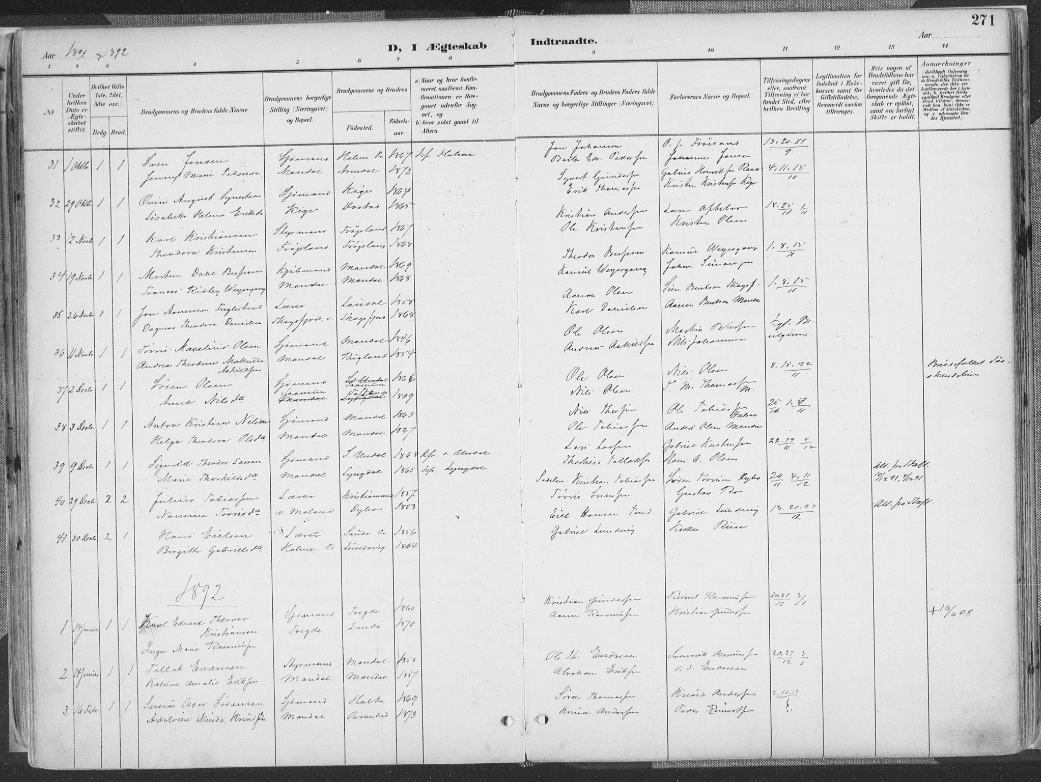 Mandal sokneprestkontor, SAK/1111-0030/F/Fa/Faa/L0018: Parish register (official) no. A 18, 1890-1905, p. 271