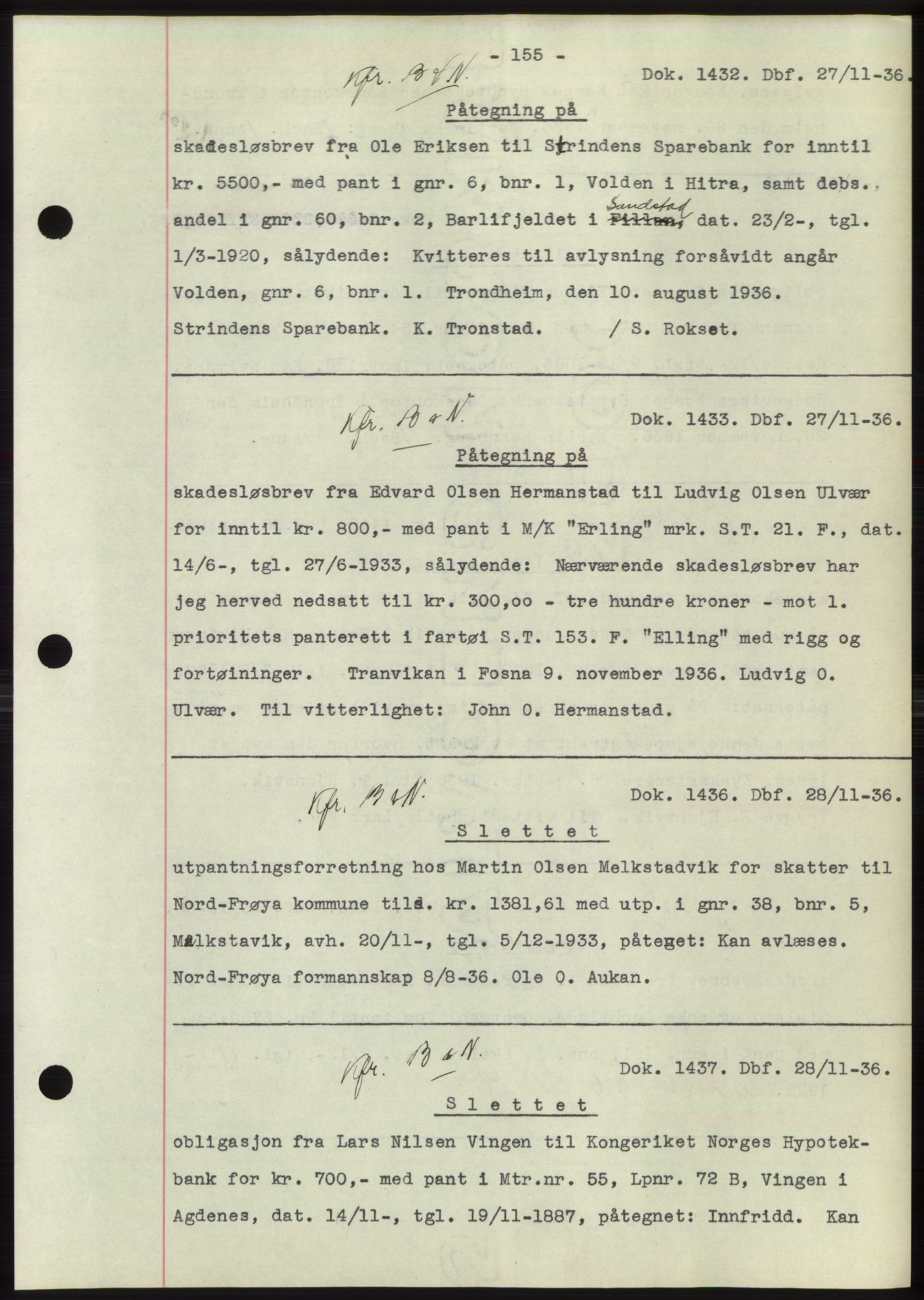 Hitra sorenskriveri, AV/SAT-A-0018/2/2C/2Ca: Mortgage book no. C1, 1936-1945, Diary no: : 1432/1936