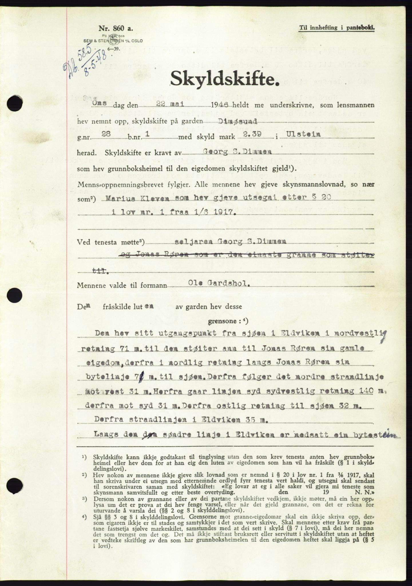 Søre Sunnmøre sorenskriveri, AV/SAT-A-4122/1/2/2C/L0082: Mortgage book no. 8A, 1948-1948, Diary no: : 585/1948