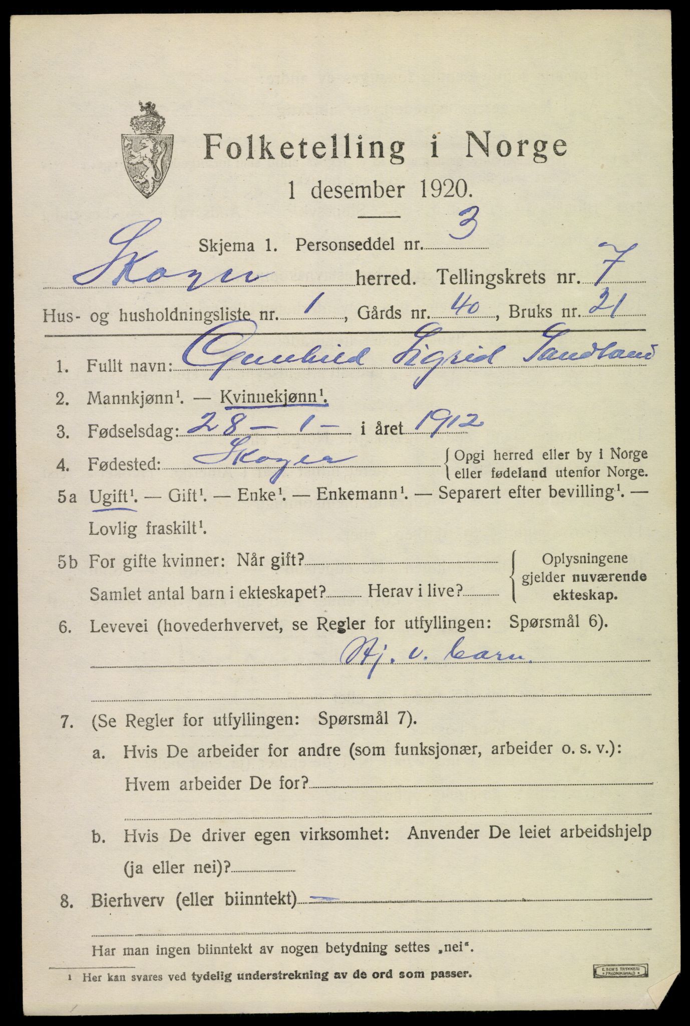 SAKO, 1920 census for Skoger, 1920, p. 14587