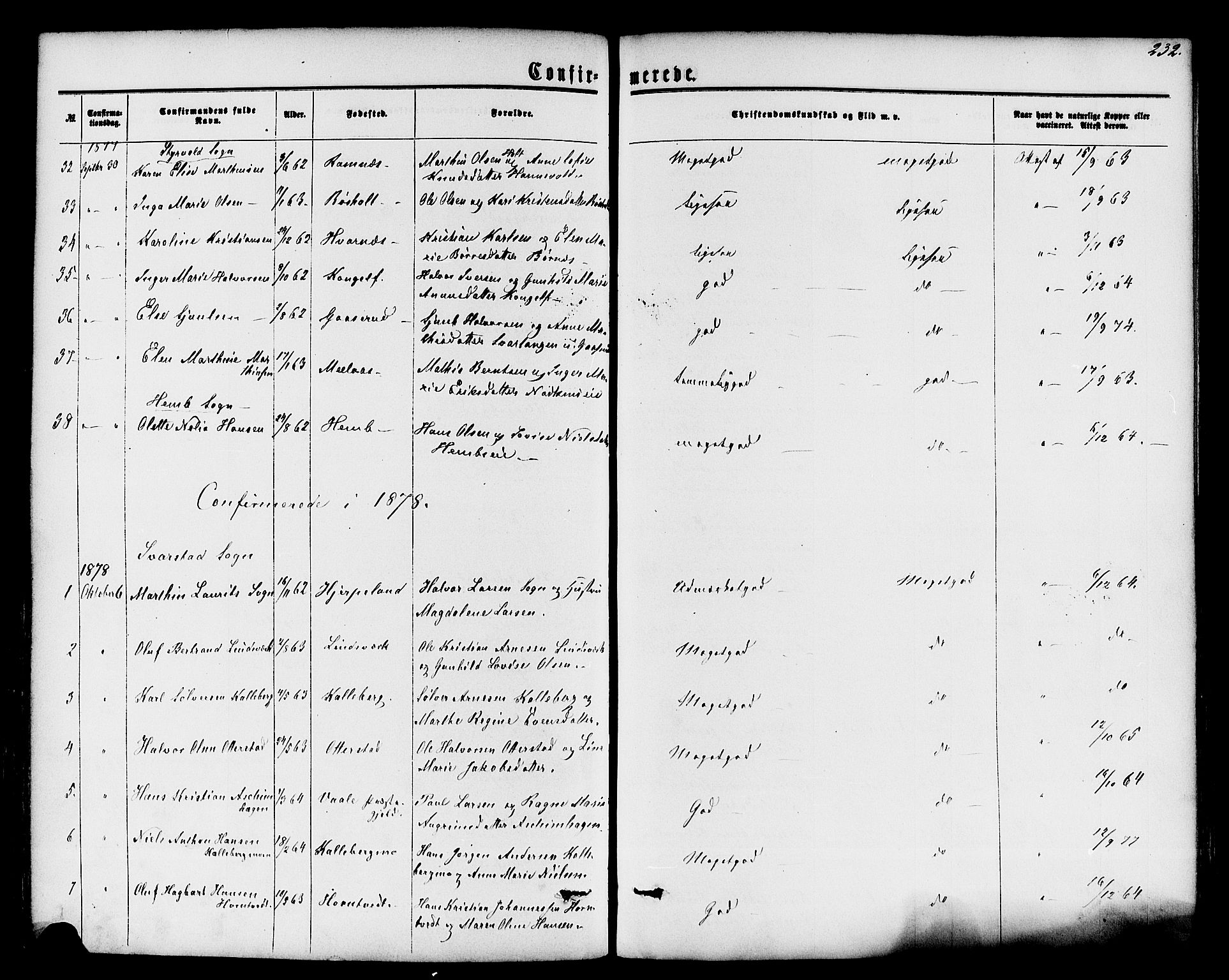 Lardal kirkebøker, AV/SAKO-A-350/F/Fa/L0007: Parish register (official) no. I 7, 1861-1880, p. 232