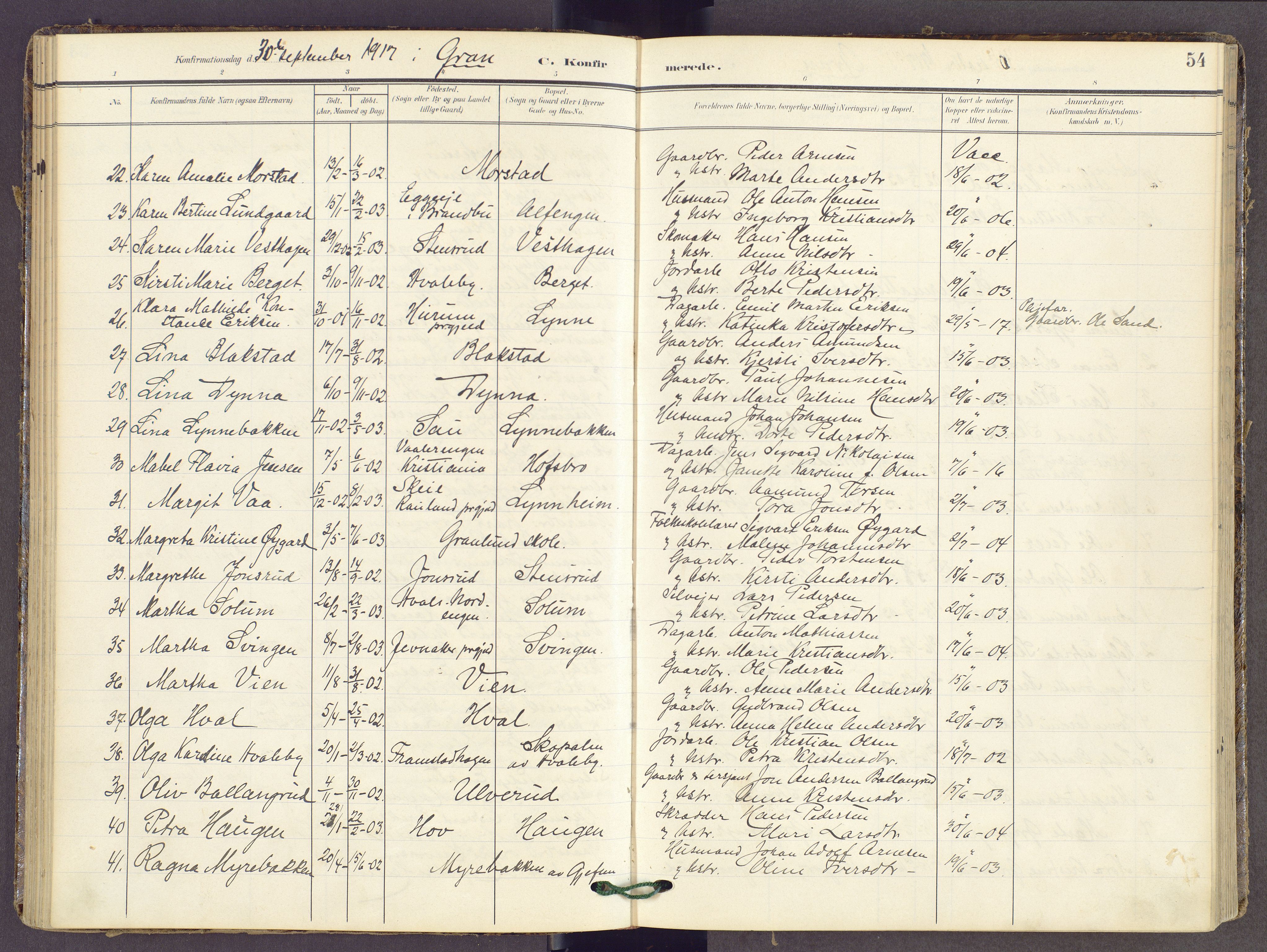 Gran prestekontor, AV/SAH-PREST-112/H/Ha/Haa/L0022: Parish register (official) no. 22, 1908-1918, p. 54