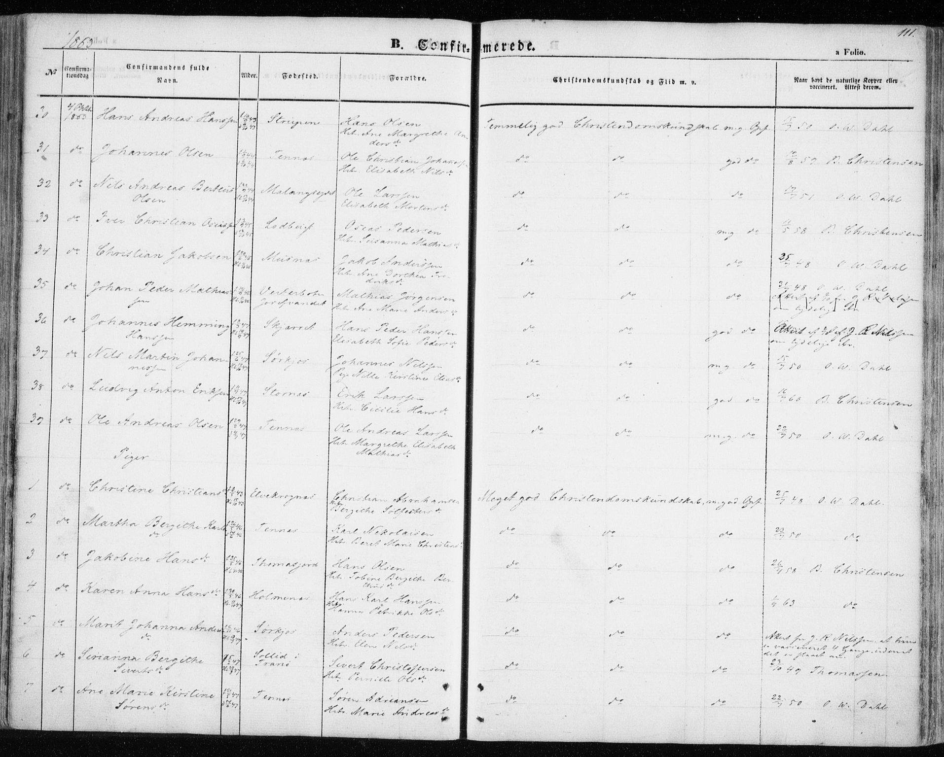 Balsfjord sokneprestembete, SATØ/S-1303/G/Ga/L0003kirke: Parish register (official) no. 3, 1856-1870, p. 111