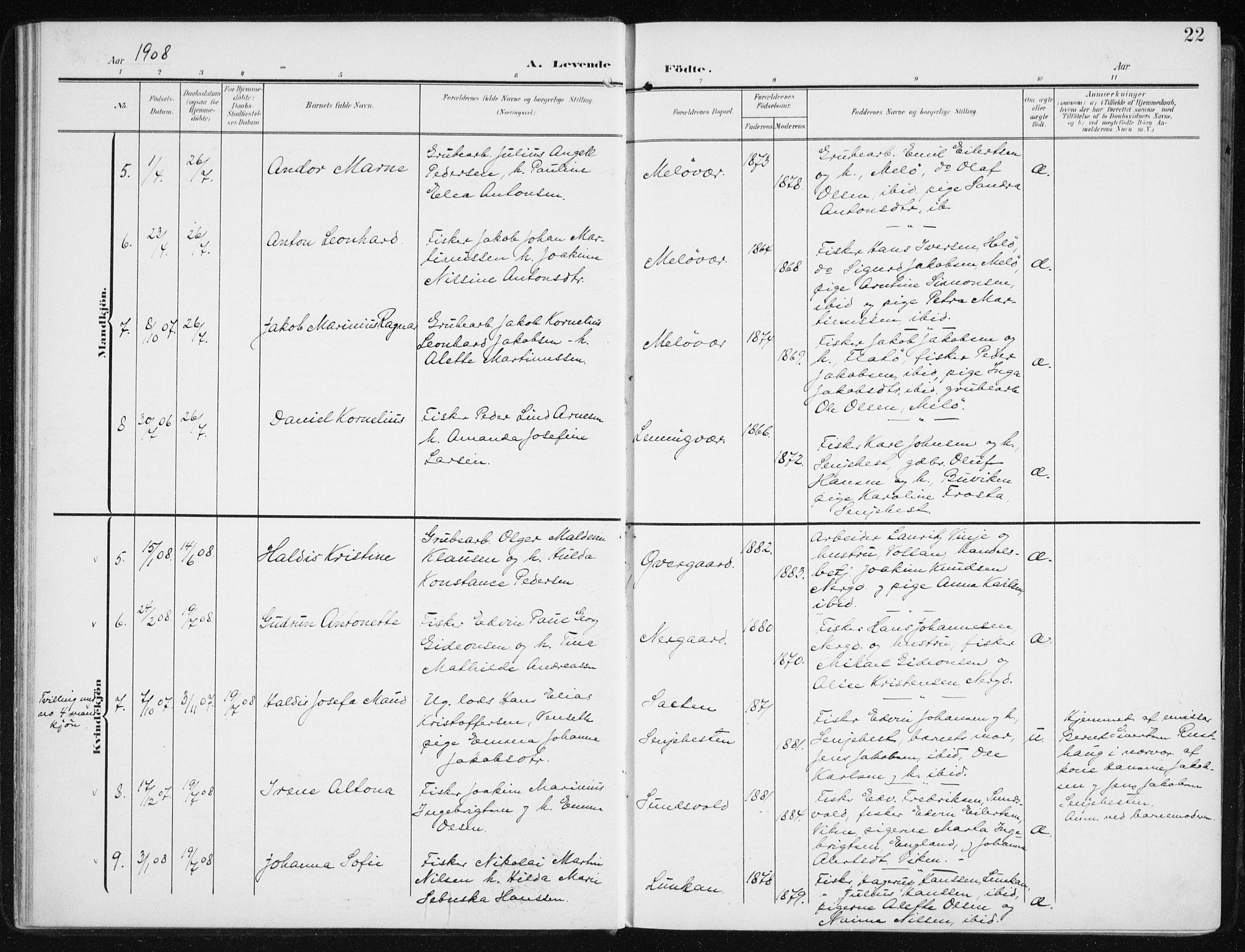 Sand/Bjarkøy sokneprestkontor, AV/SATØ-S-0811/I/Ia/Iaa/L0005kirke: Parish register (official) no. 5, 1905-1914, p. 22